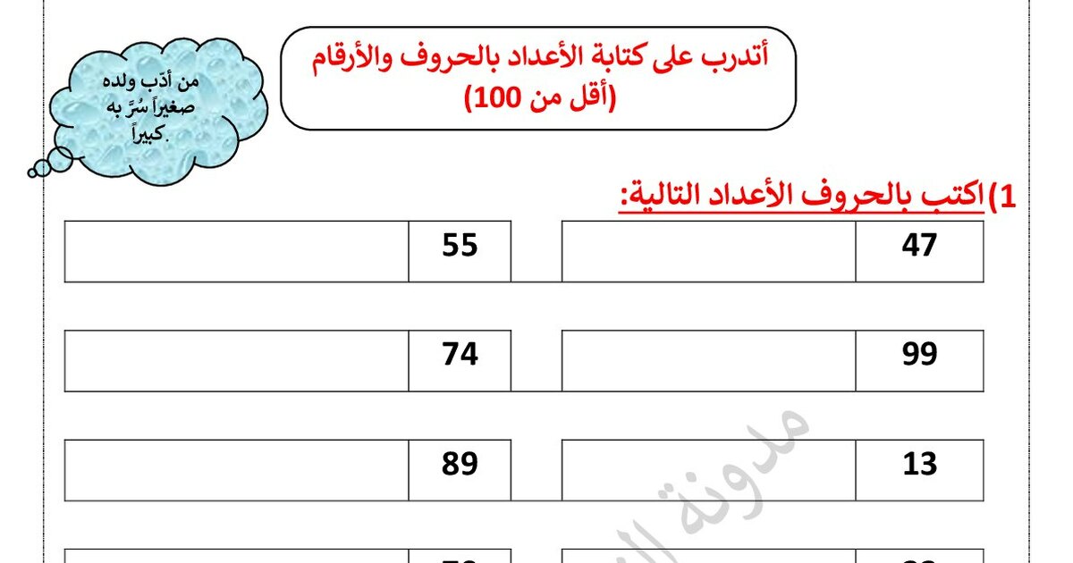 أتدرب على كتابة الاعداد بالحروف والأرقام أقل من 100 للأستاذة مريم بوخشم