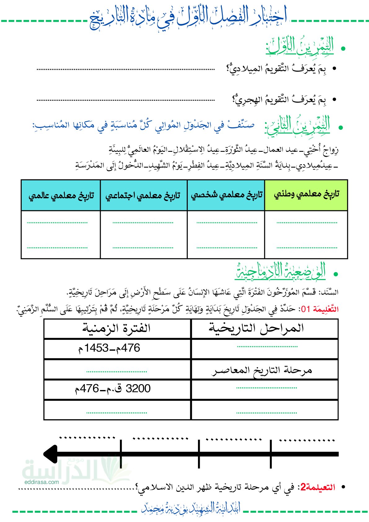 إختبار الفصل الأول في التاريخ والجغرافيا السنة الرابعة ابتدائي رقم 81