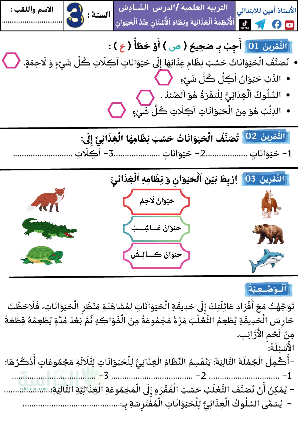 إختبار الفصل الأول في التربية العلمية السنة الثالثة ابتدائي رقم 91
