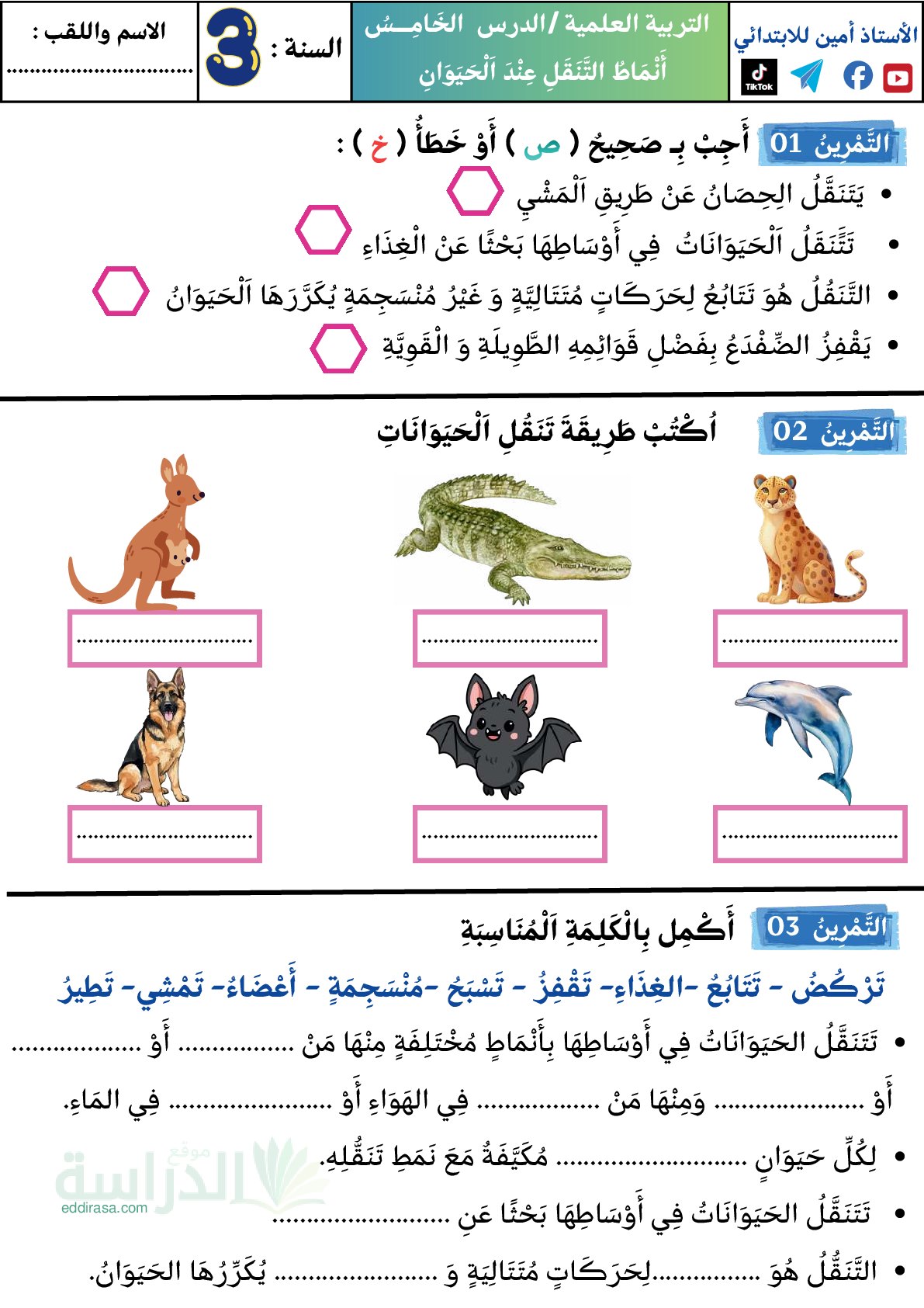 إختبار الفصل الأول في التربية العلمية السنة الثالثة ابتدائي رقم 93