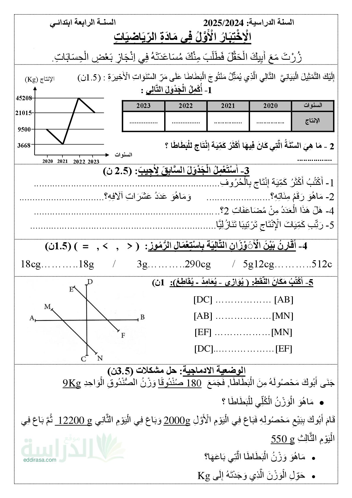 إختبار الفصل الأول في الرياضيات السنة الرابعة ابتدائي رقم 120