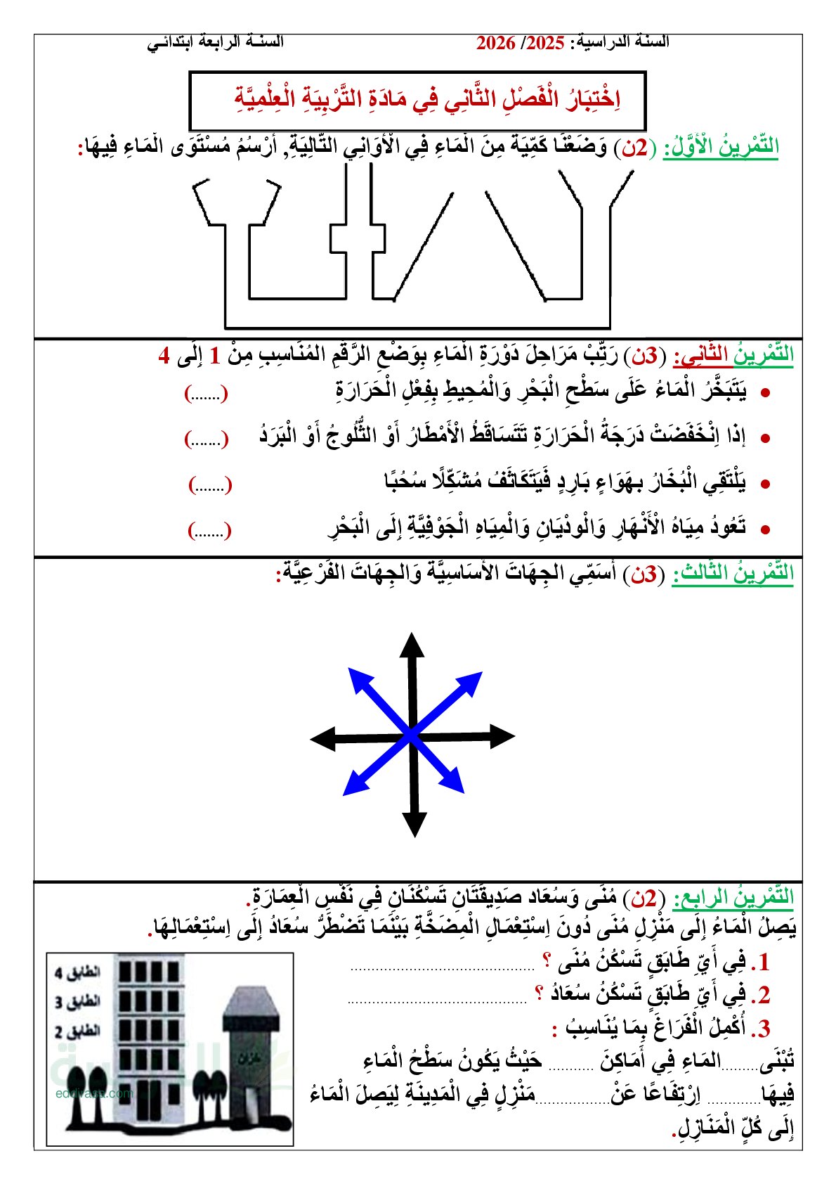 إختبار الفصل الثاني في التربية العلمية السنة الرابعة ابتدائي رقم 55 مع التصحيح