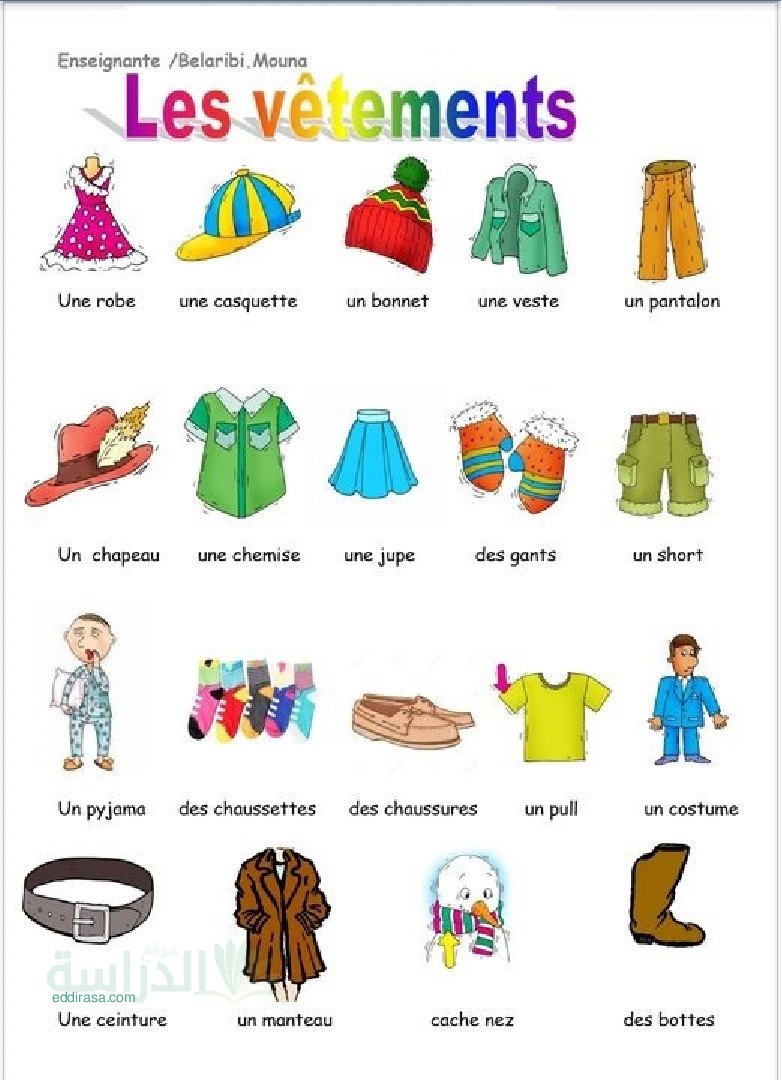 تعلم تسميات الملابس في مادة اللغة الفرنسية سنة 4 ابتدائي