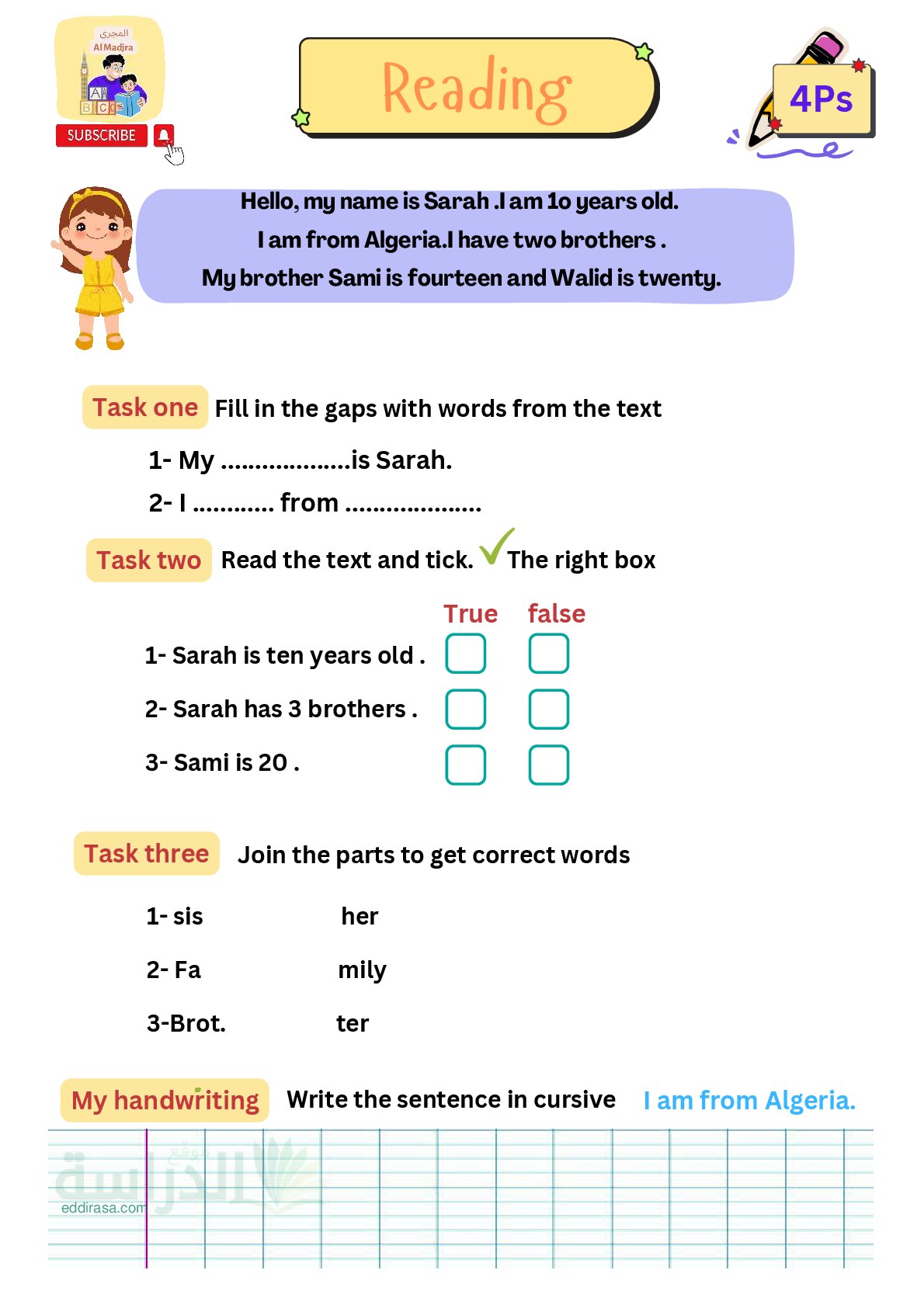تقويمات حول الوحدة 1 في الانجليزية سنة 4 ابتدائي