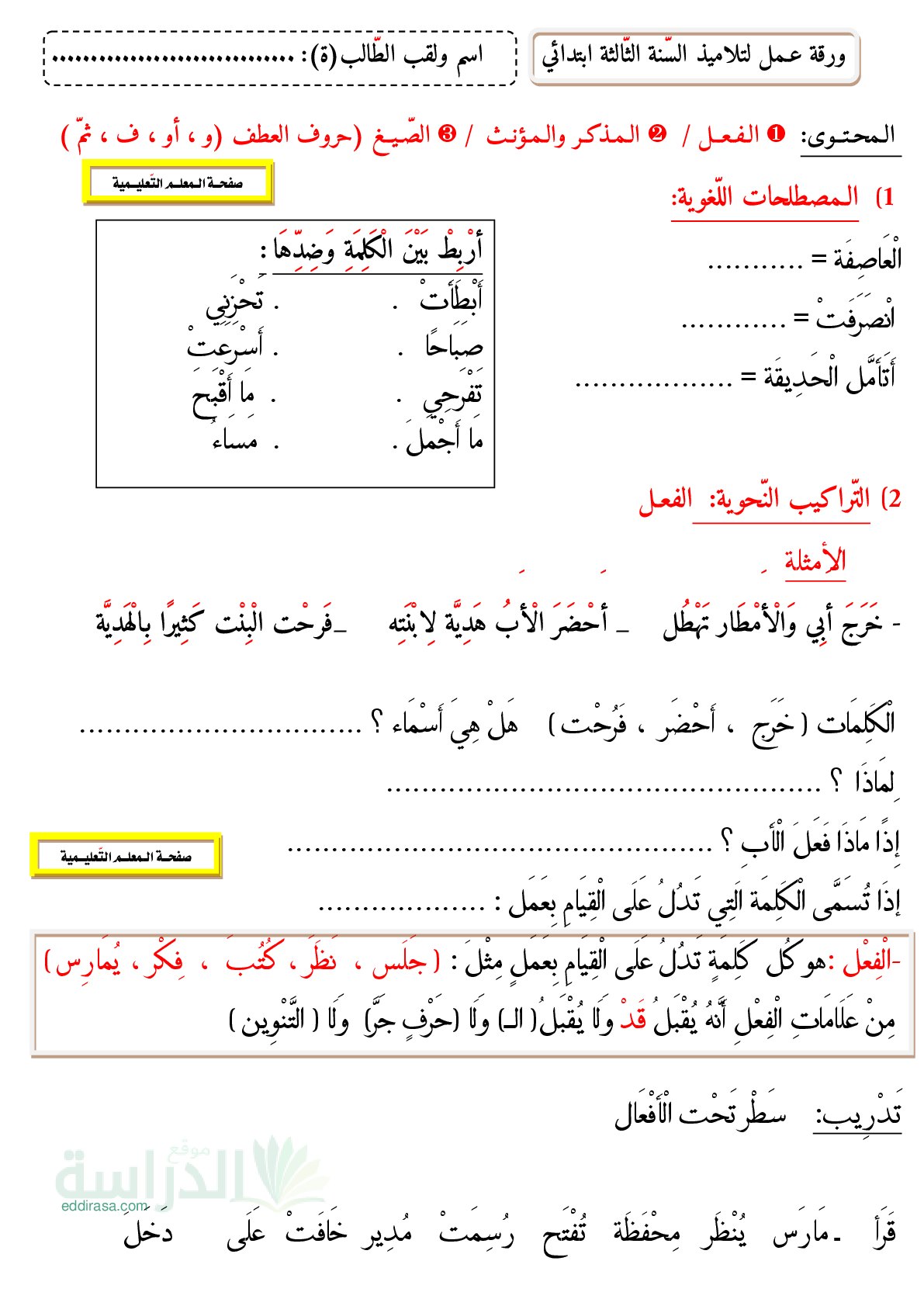 تمارين الفعل، المذكر والمؤنث، الصيغ سنة 3 ابتدائي