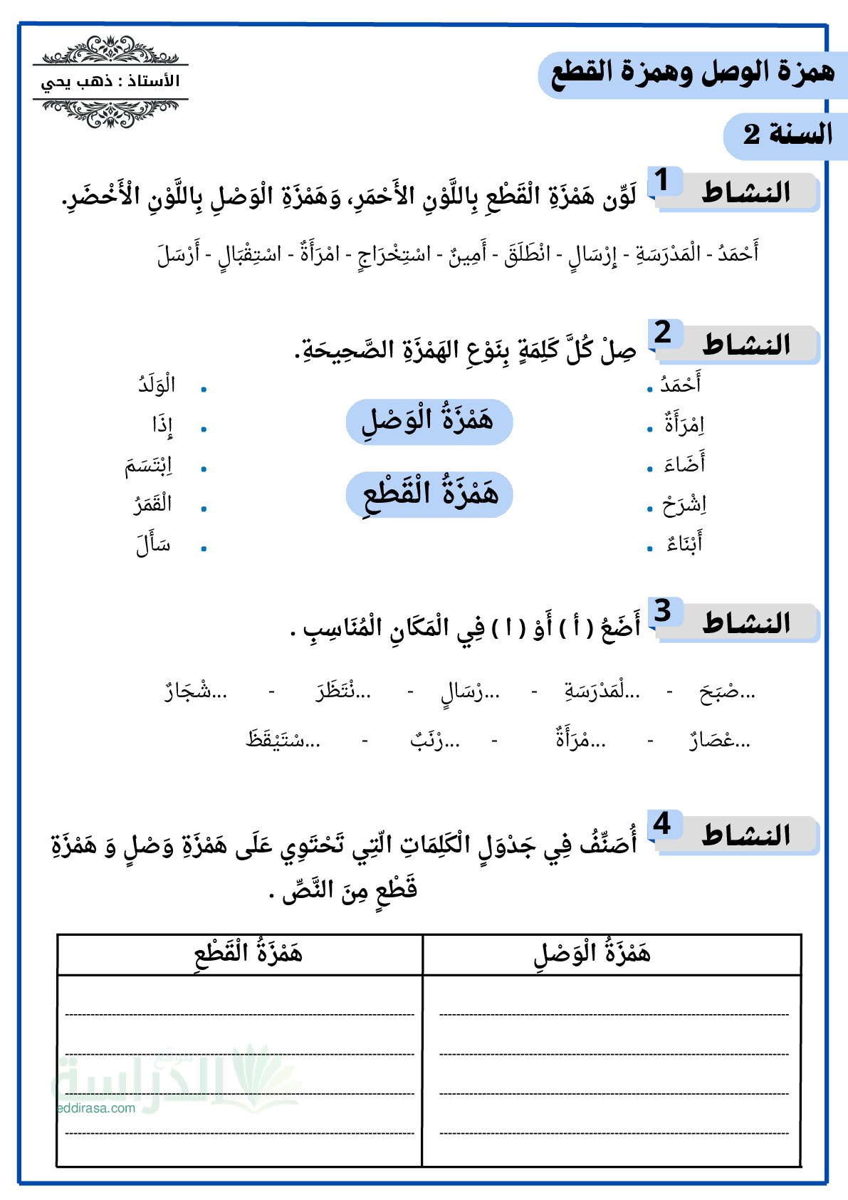 تمارين همزة الوصل وهمزة القطع - سنة 2 ابتدائي