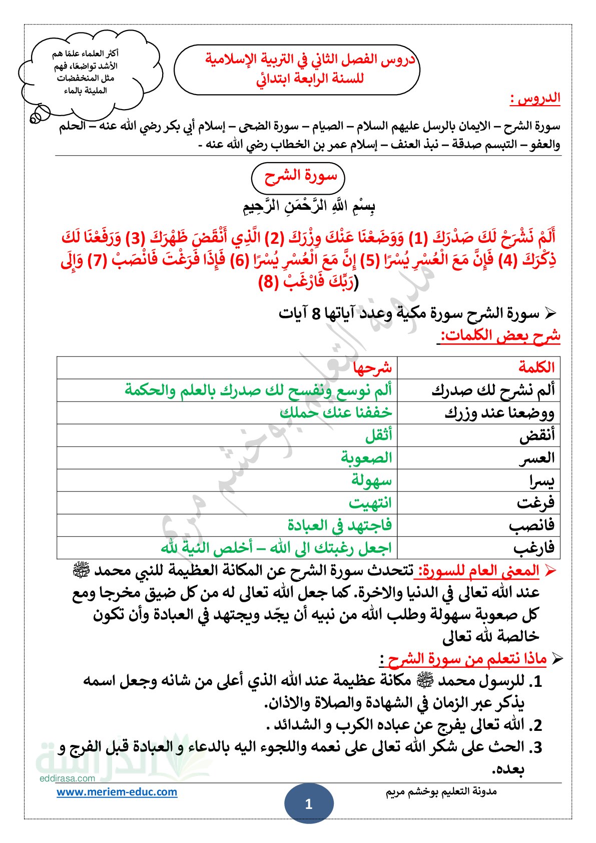 دروس الفصل الثاني في التربية الإسلامية سنة 4 ابتدائي