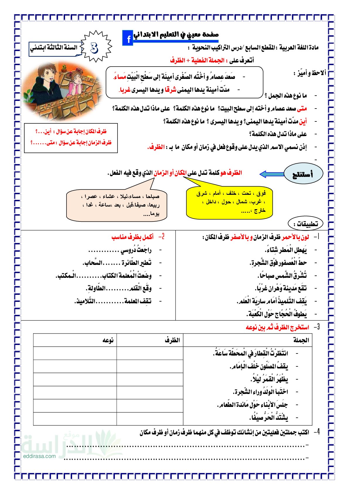 شرح درس الجملة الفعلية + الظرف سنة 3 ابتدائي