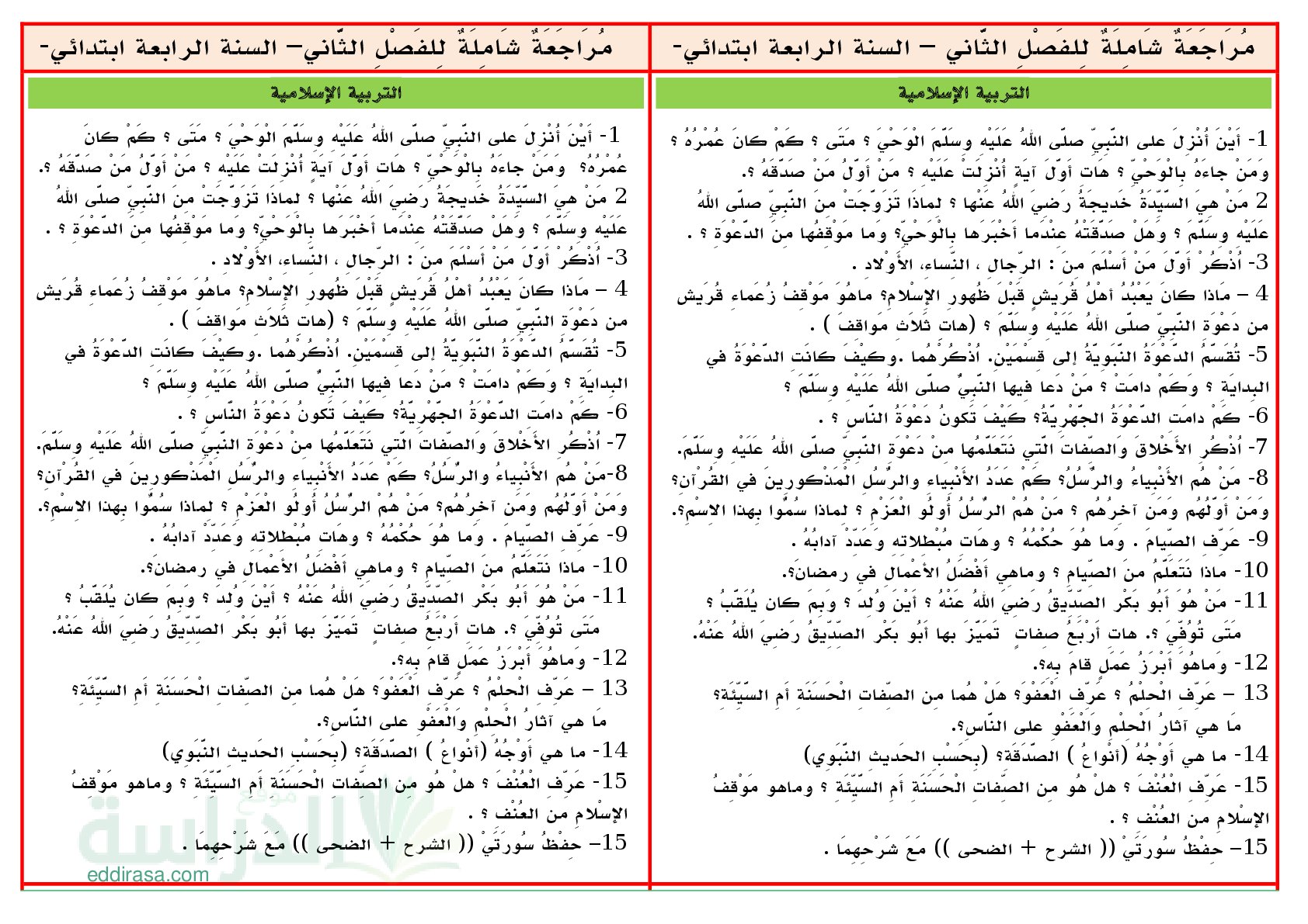 مراجعة شاملة للفصل الثاني في التربية الإسلامية سنة 4 ابتدائي