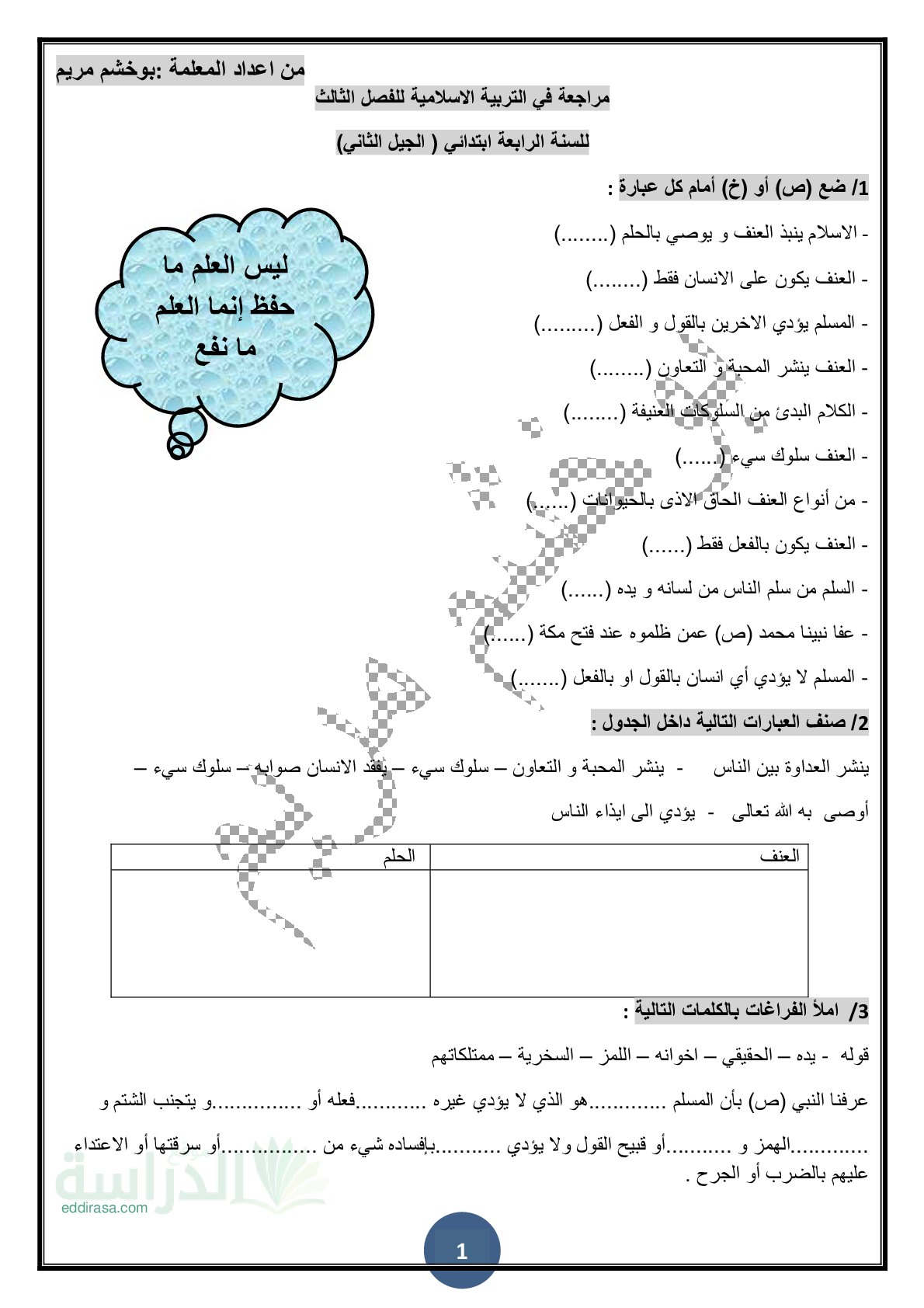 مراجعة مادة التربية الإسلامية الفصل الثالث مع الحل سنة 4 ابتدائي
