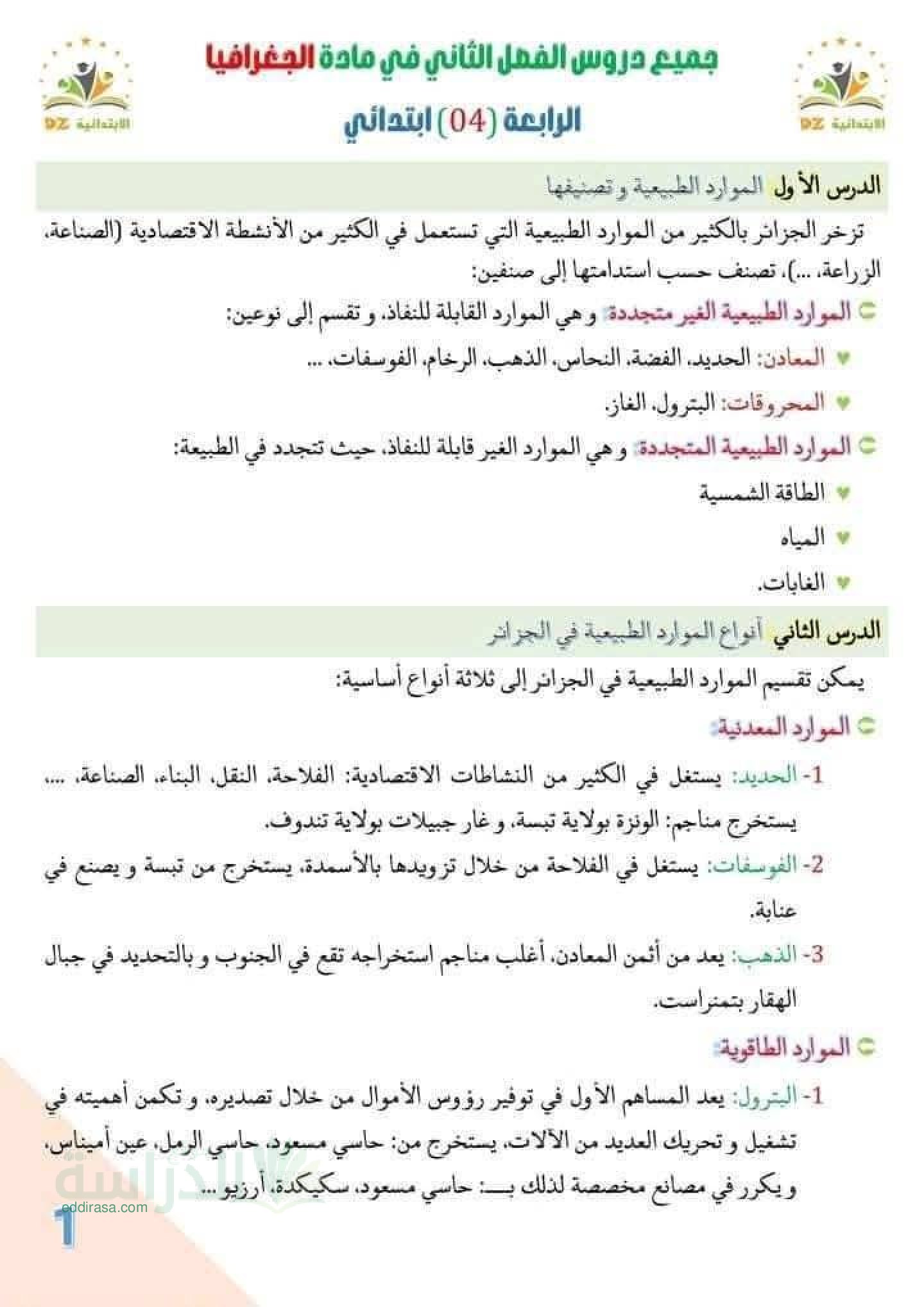 ملخصات شاملة للدروس التاريخ والجغرافيا سنة 4 ابتدائي