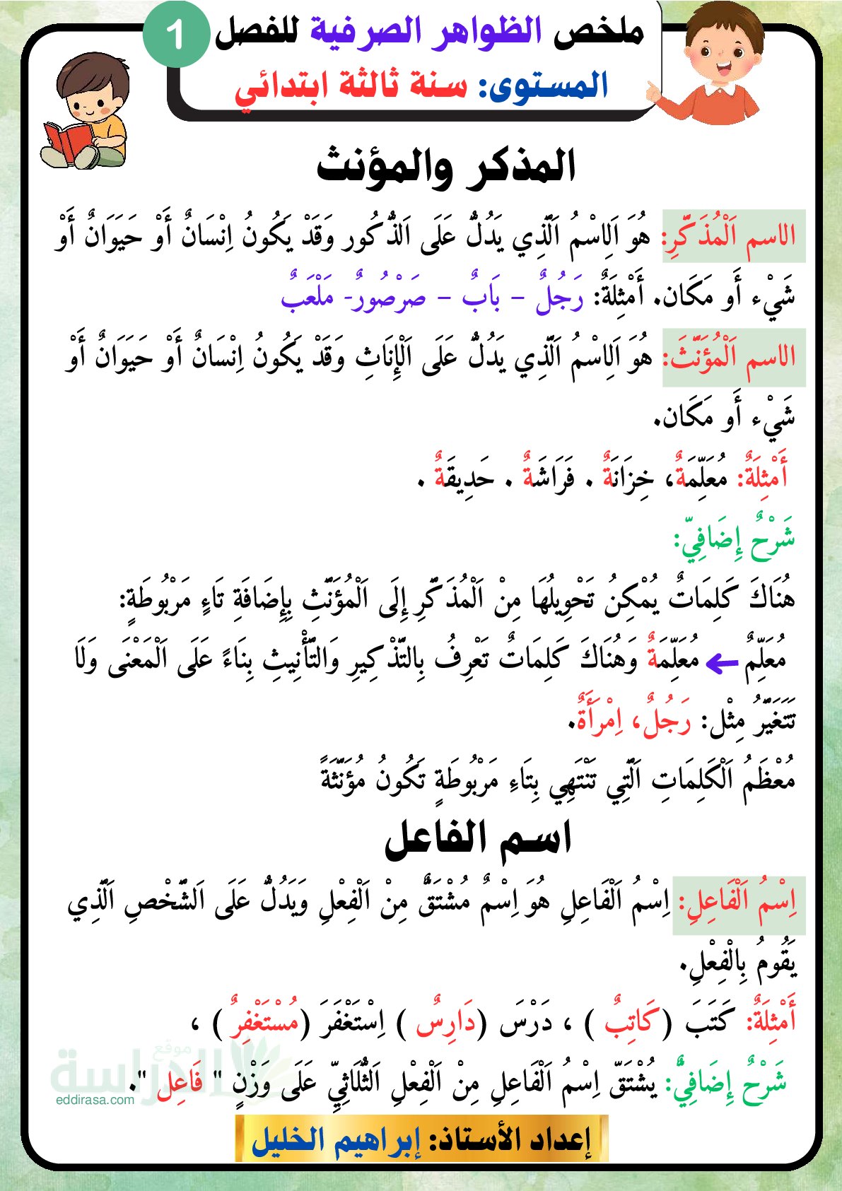 ملخص الظواهر الصرفية والنحوية والإملائية سنة 3 ابتدائي