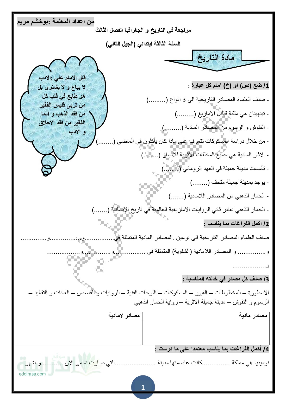 ملخص الفصل الثالث في التاريخ والجغرافيا سنة 3 ابتدائي