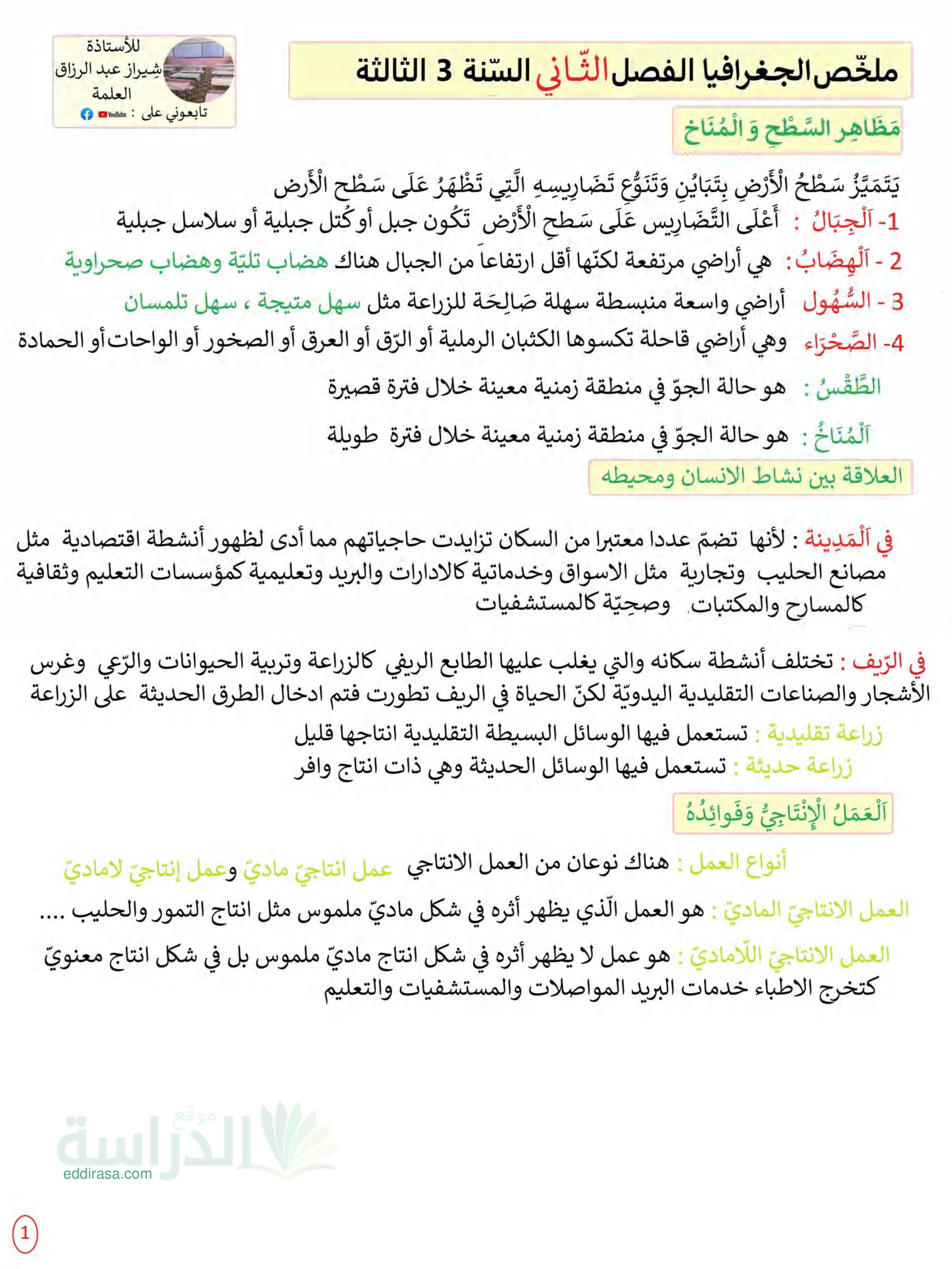 ملخص جميع دروس الفصل الثاني لمادة الجغرافيا سنة 3 ابتدائي