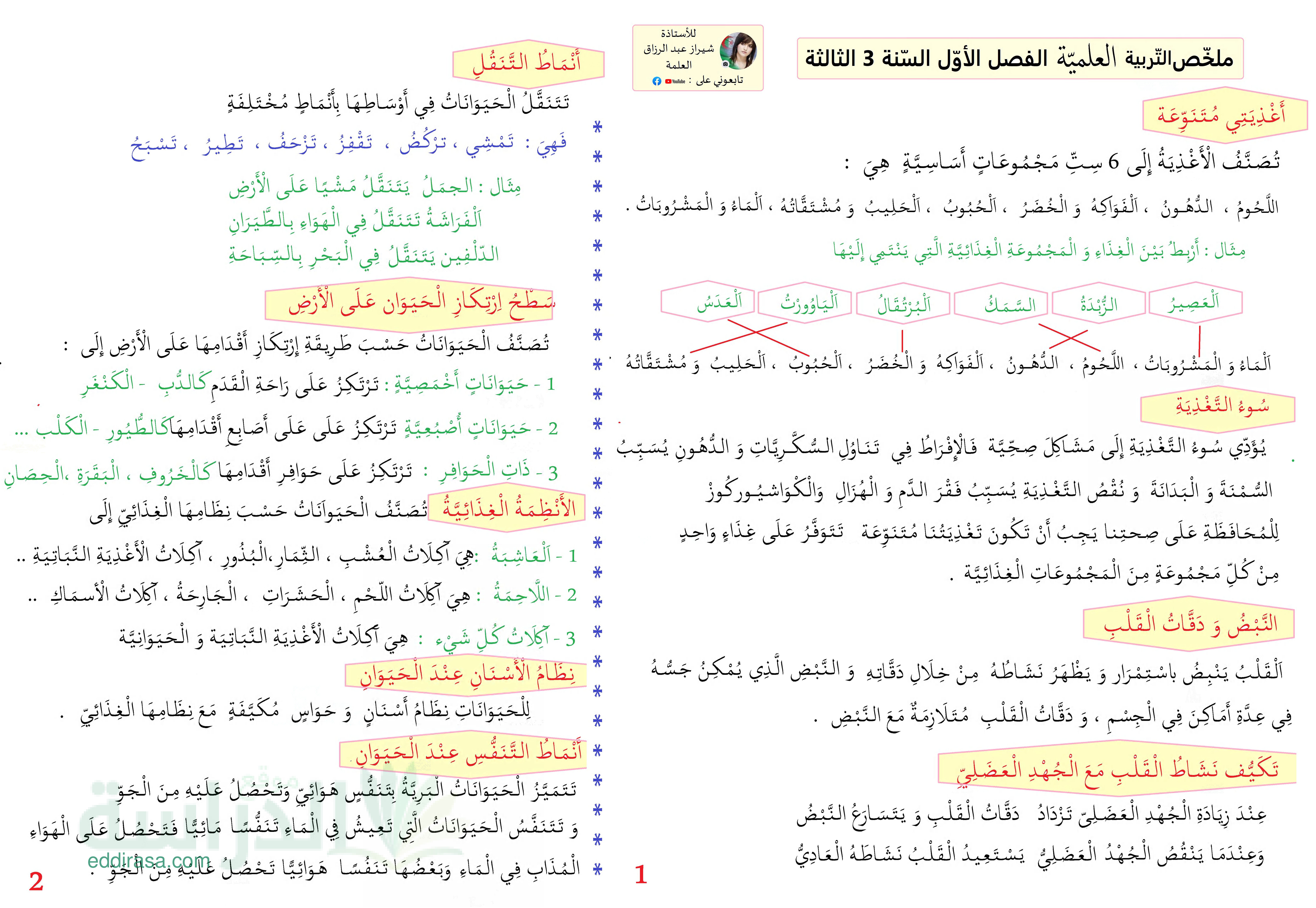 ملخص دروس التربية العلمية للفصل الأول سنة 3 ابتدائي