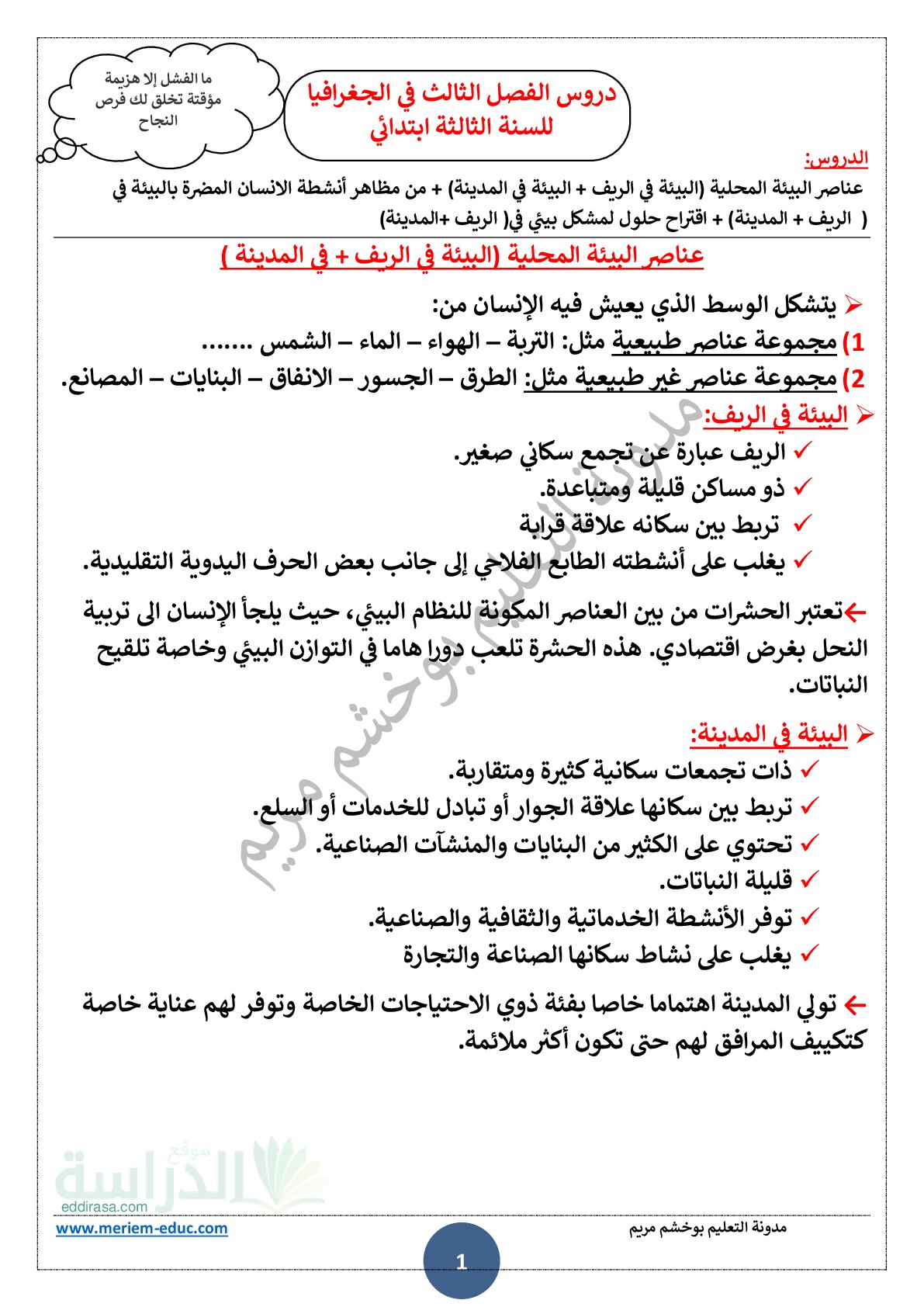 ملخص دروس الفصل الثالث في الجغرافيا سنة 3 ابتدائي