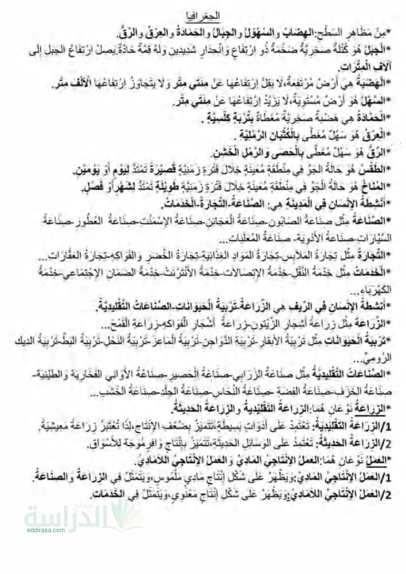 ملخص مختصر في مادة الجغرافيا سنة 3 إبتدائي