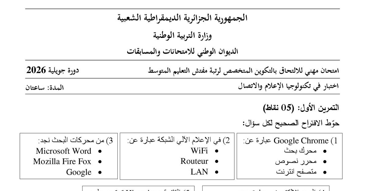 موضوع امتحان مهني مفتش التعليم المتوسط تخصص تكنولوجيا الإعلام والاتصال 2026 مع التصحيح