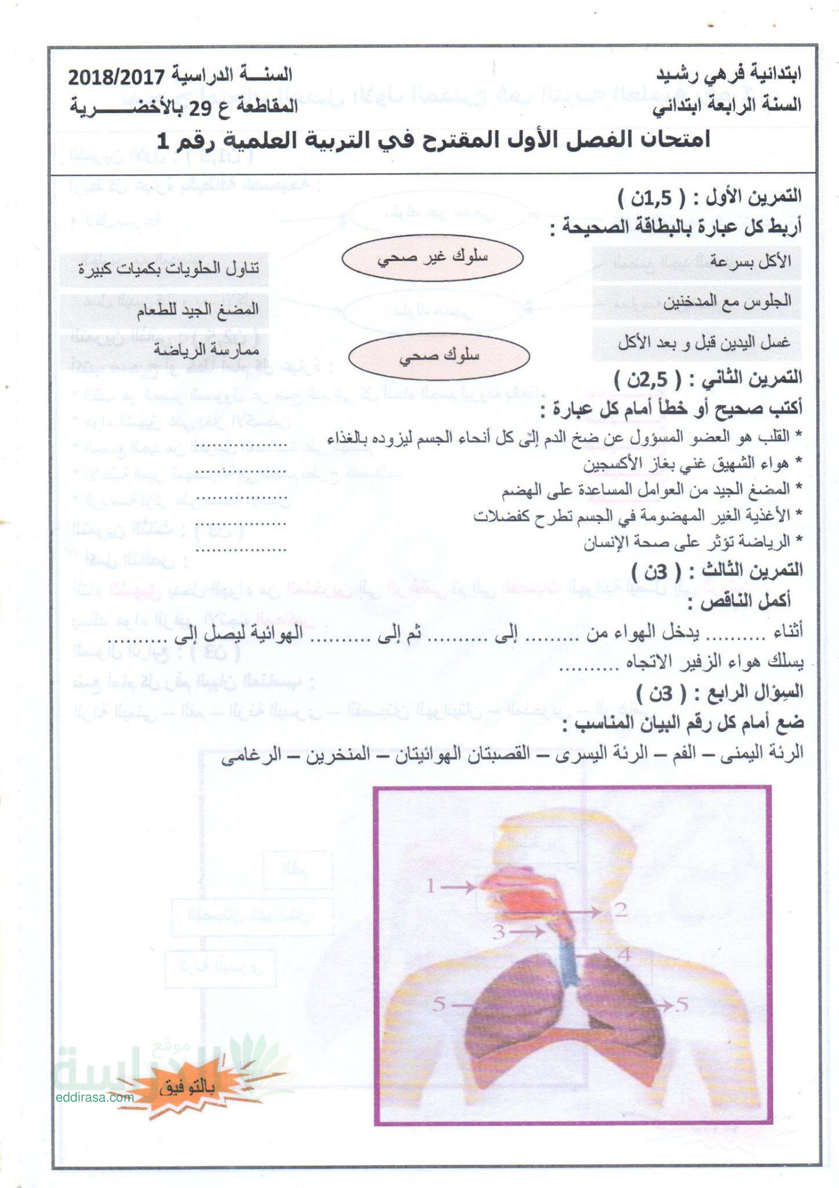 نماذج إختبارات الفصل الأول مع الحل في التربية العلمية سنة 4 ابتدائي