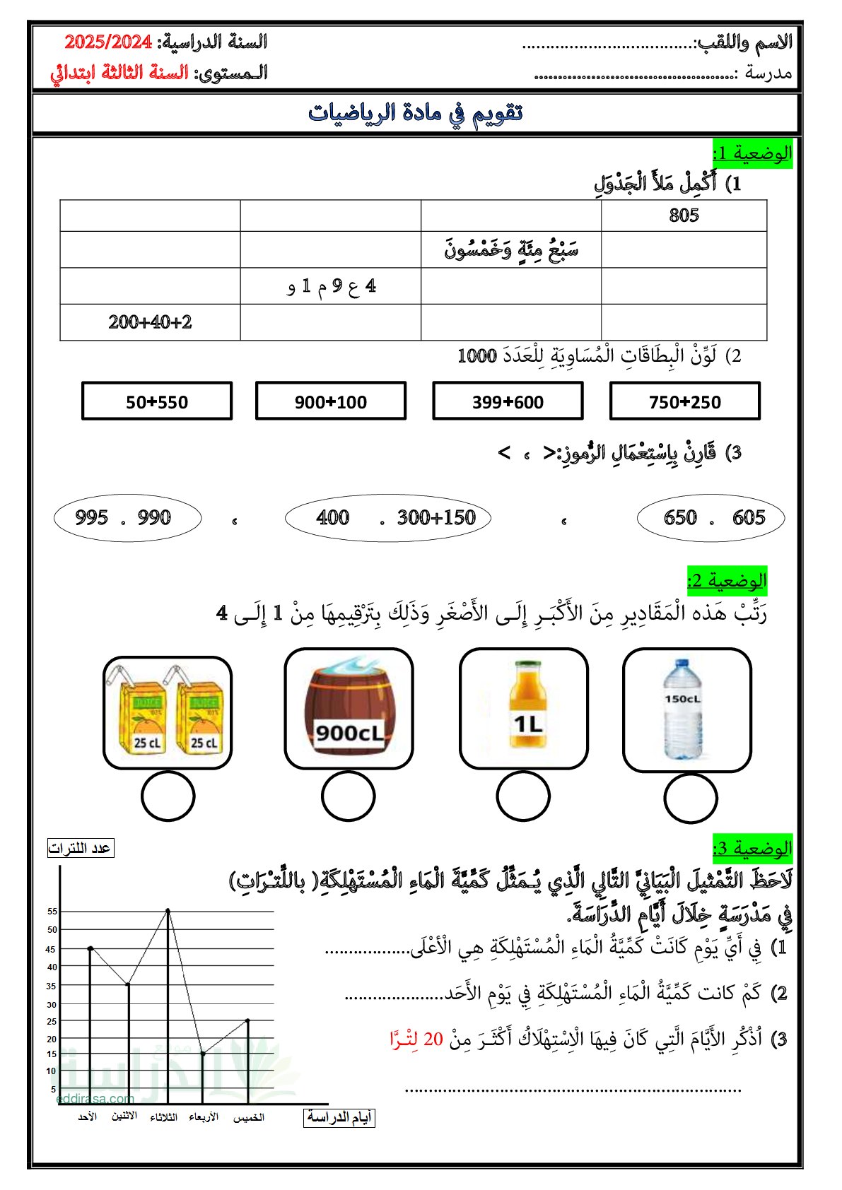 نموذج تقويم تشخيصي في الرياضيات السنة الثالثة ابتدائي رقم 11