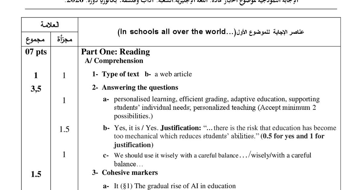 تصحيح موضوع اللغة الإنجليزية بكالوريا 2026 شعبة آداب وفلسفة