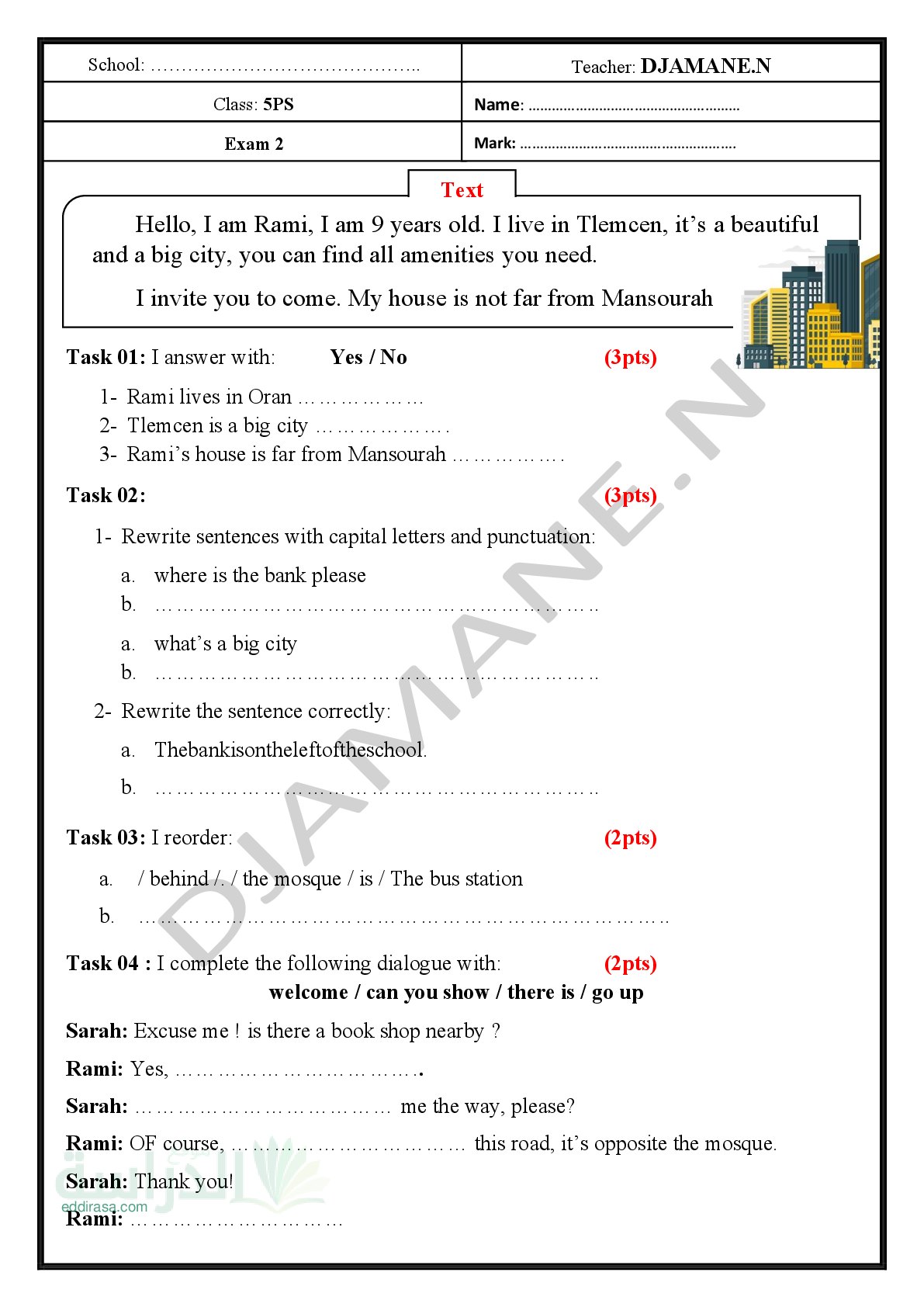 إختبار الفصل الثاني في اللغة الإنجليزية السنة الخامسة ابتدائي رقم 7