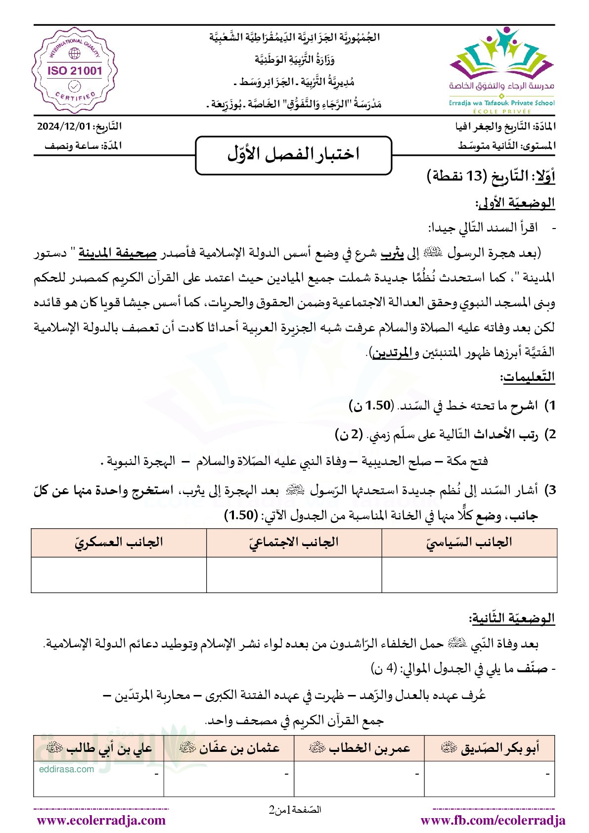 اختبار في التاريخ والجغرافيا الفصل الأول السنة الثانية متوسط رقم 66 مع التصحيح