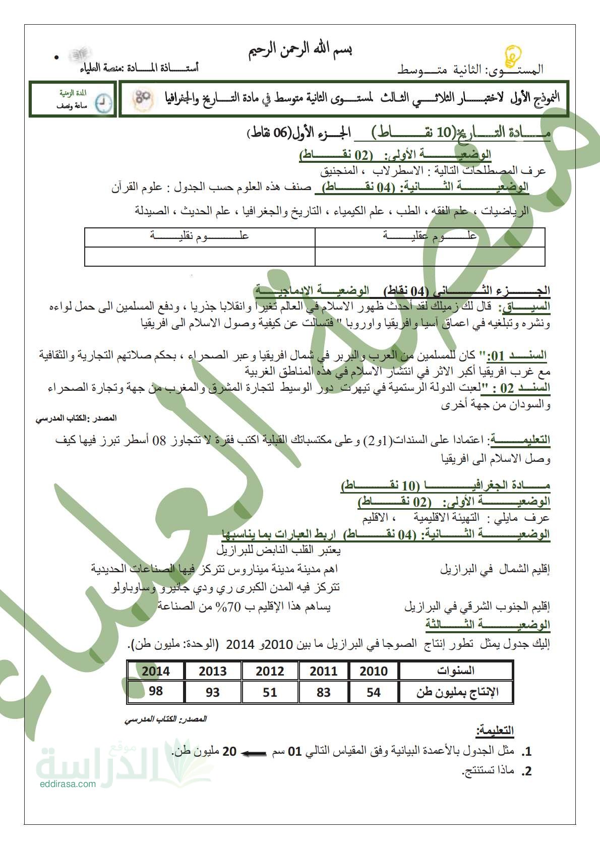 اختبار في التاريخ والجغرافيا الفصل الثالث السنة الثانية متوسط رقم 22 مع التصحيح