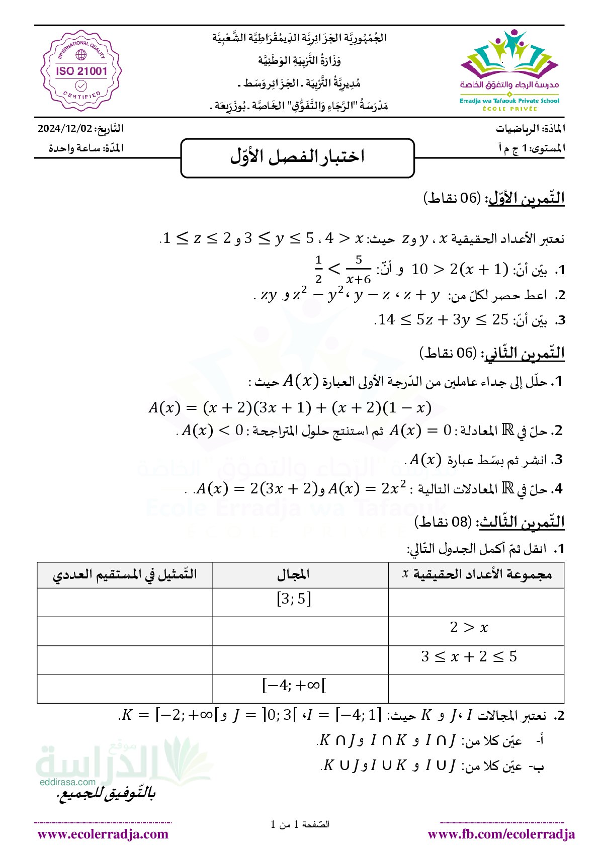 اختبار في الرياضيات الفصل الأول السنة الأولى ثانوي ج م آ رقم 52 مع التصحيح