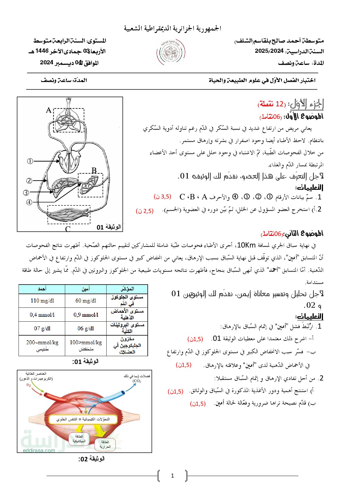 اختبار في العلوم الطبيعية الفصل الأول السنة الرابعة متوسط رقم 80
