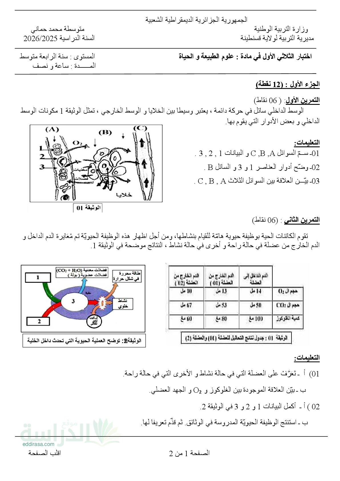 اختبار في العلوم الطبيعية الفصل الأول السنة الرابعة متوسط رقم 86