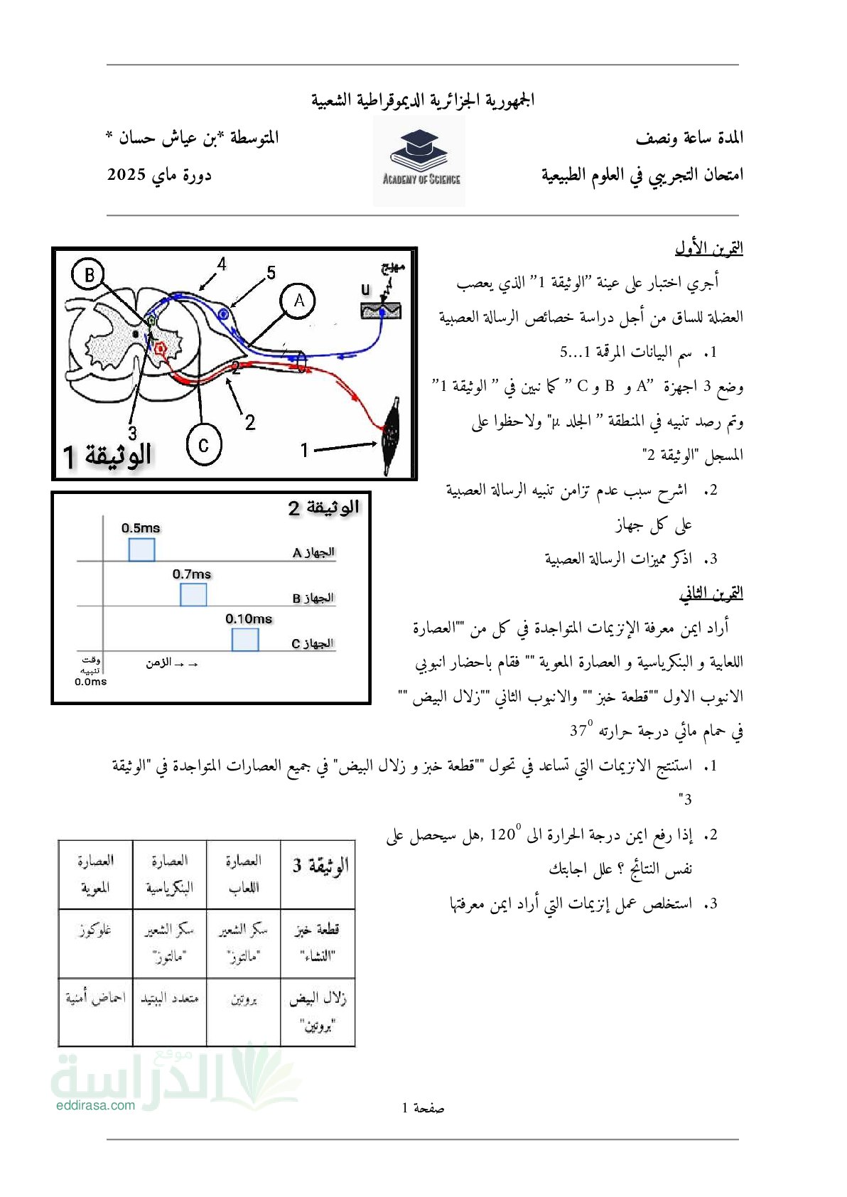 اختبار في العلوم الطبيعية الفصل الثالث السنة الرابعة متوسط رقم 91