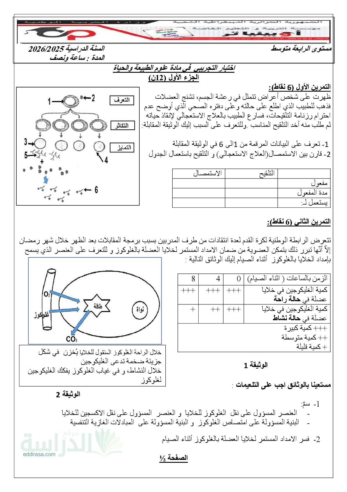 اختبار في العلوم الطبيعية الفصل الثالث السنة الرابعة متوسط رقم 94 مع التصحيح