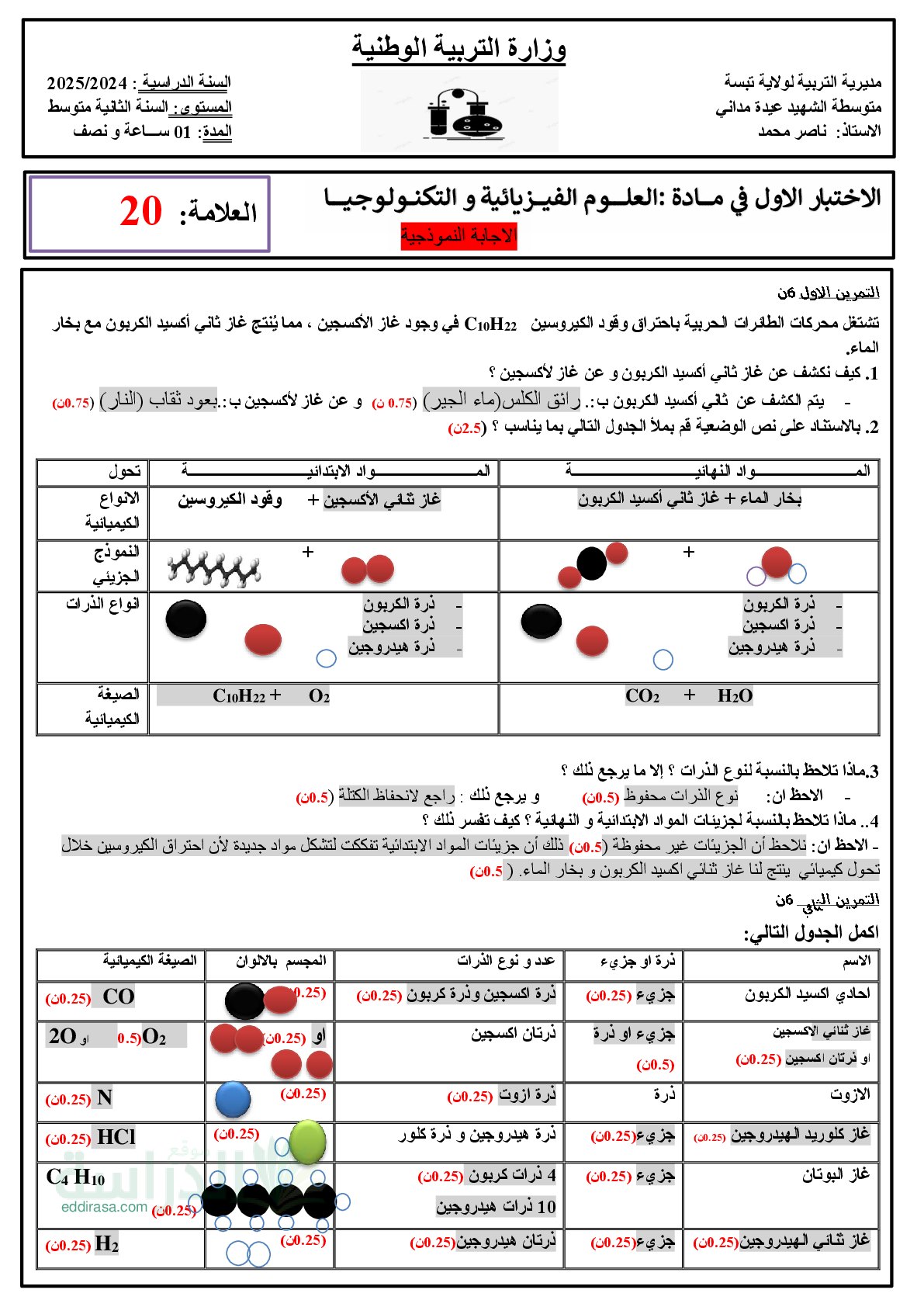 اختبار في العلوم الفيزيائية الفصل الأول السنة الثانية متوسط رقم 83
