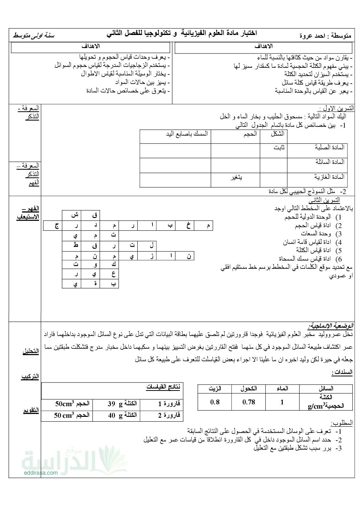 اختبار في العلوم الفيزيائية الفصل الثاني السنة الأولى متوسط رقم 70 مع التصحيح