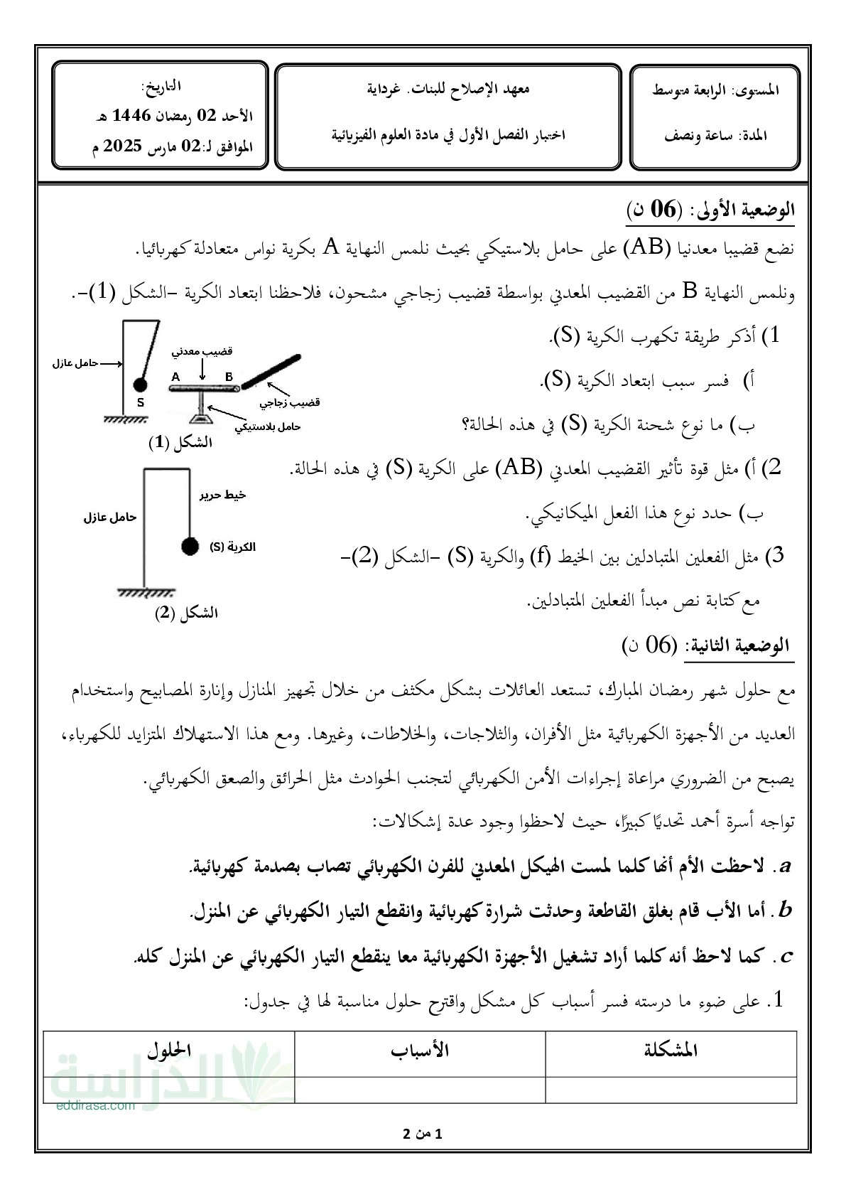 اختبار في العلوم الفيزيائية الفصل الثاني السنة الثالثة متوسط رقم 81