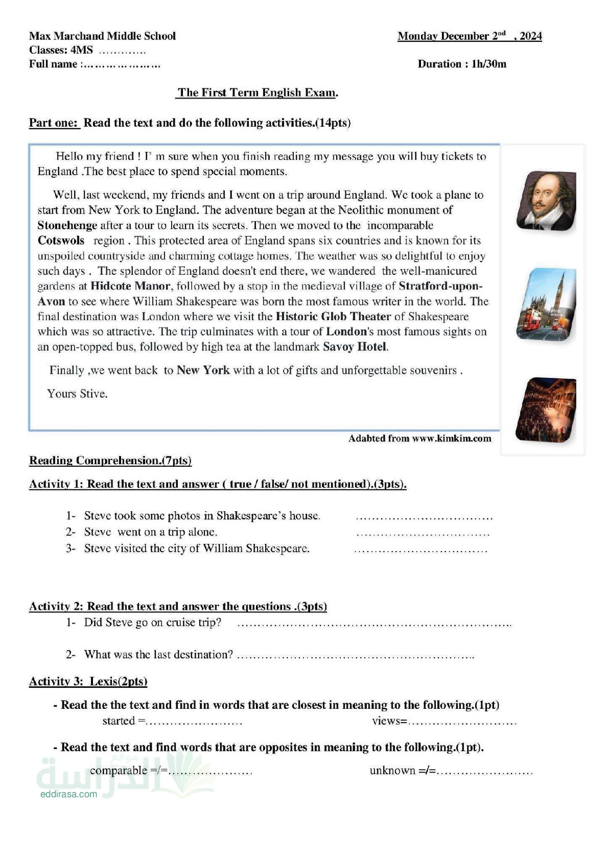 اختبار في اللغة الإنجليزية الفصل الأول السنة الرابعة متوسط رقم 92