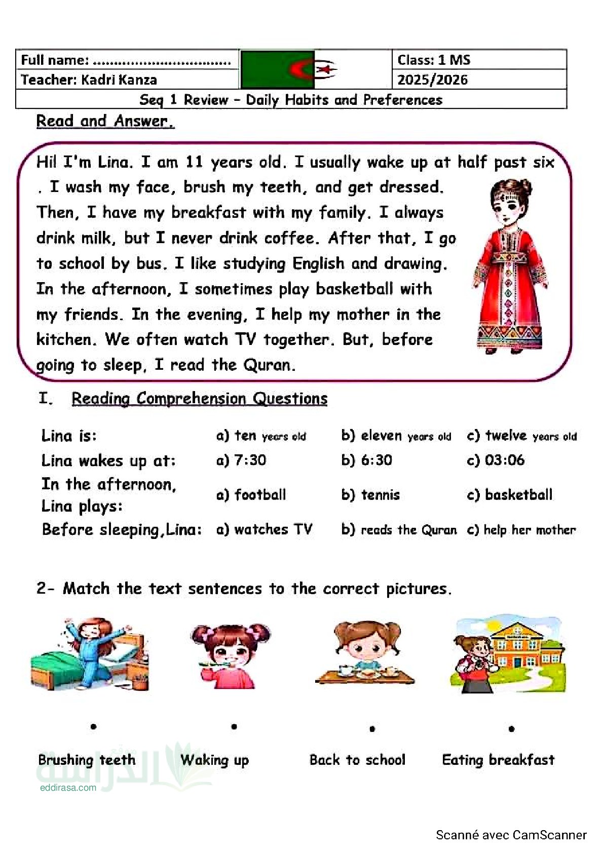 اختبار في اللغة الانجليزية الفصل الأول السنة الأولى متوسط رقم 75 مع التصحيح