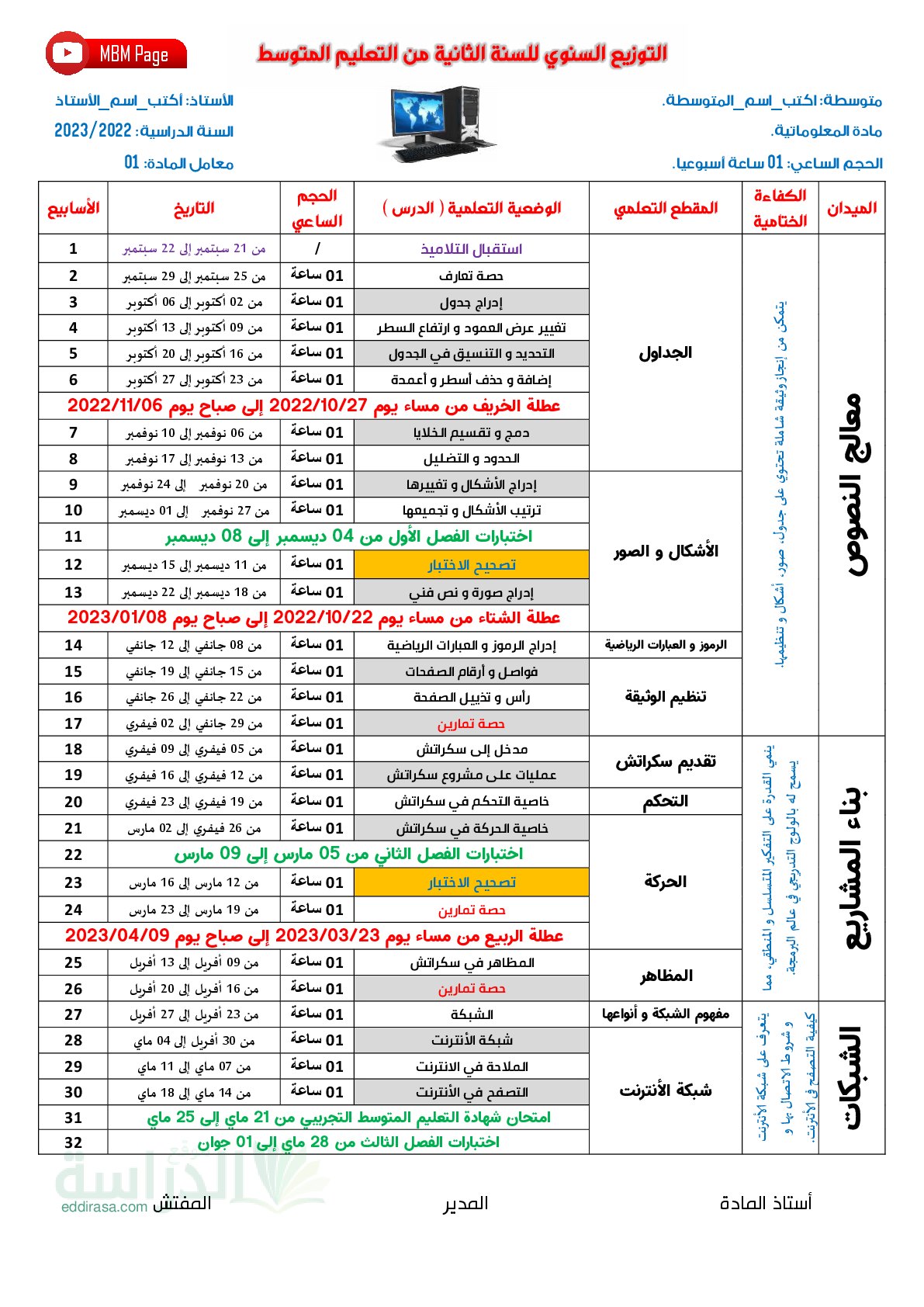 التوزيع السنوي الجديد لمادة الإعلام الآلي لموسم 2023 سنة 2 متوسط