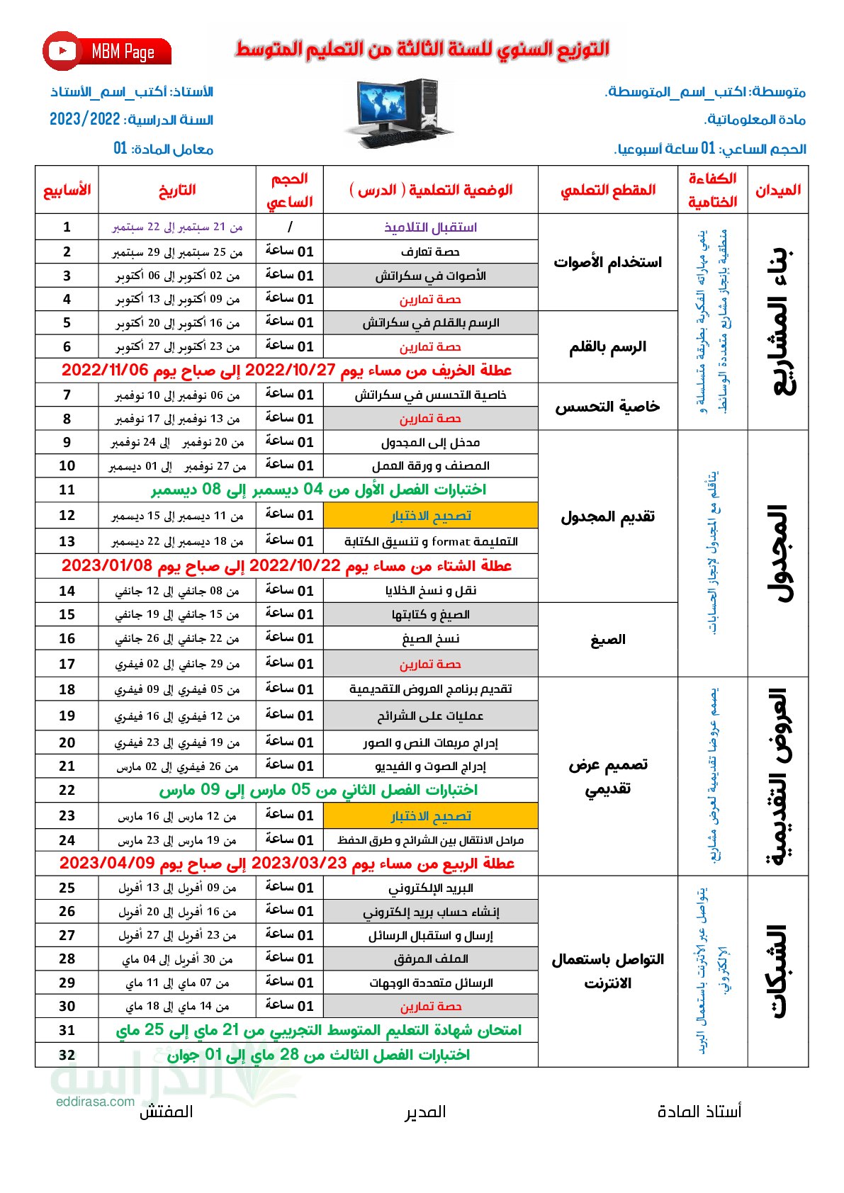 التوزيع السنوي لمادة الاعلام الآلي 2023 سنة 3 متوسط