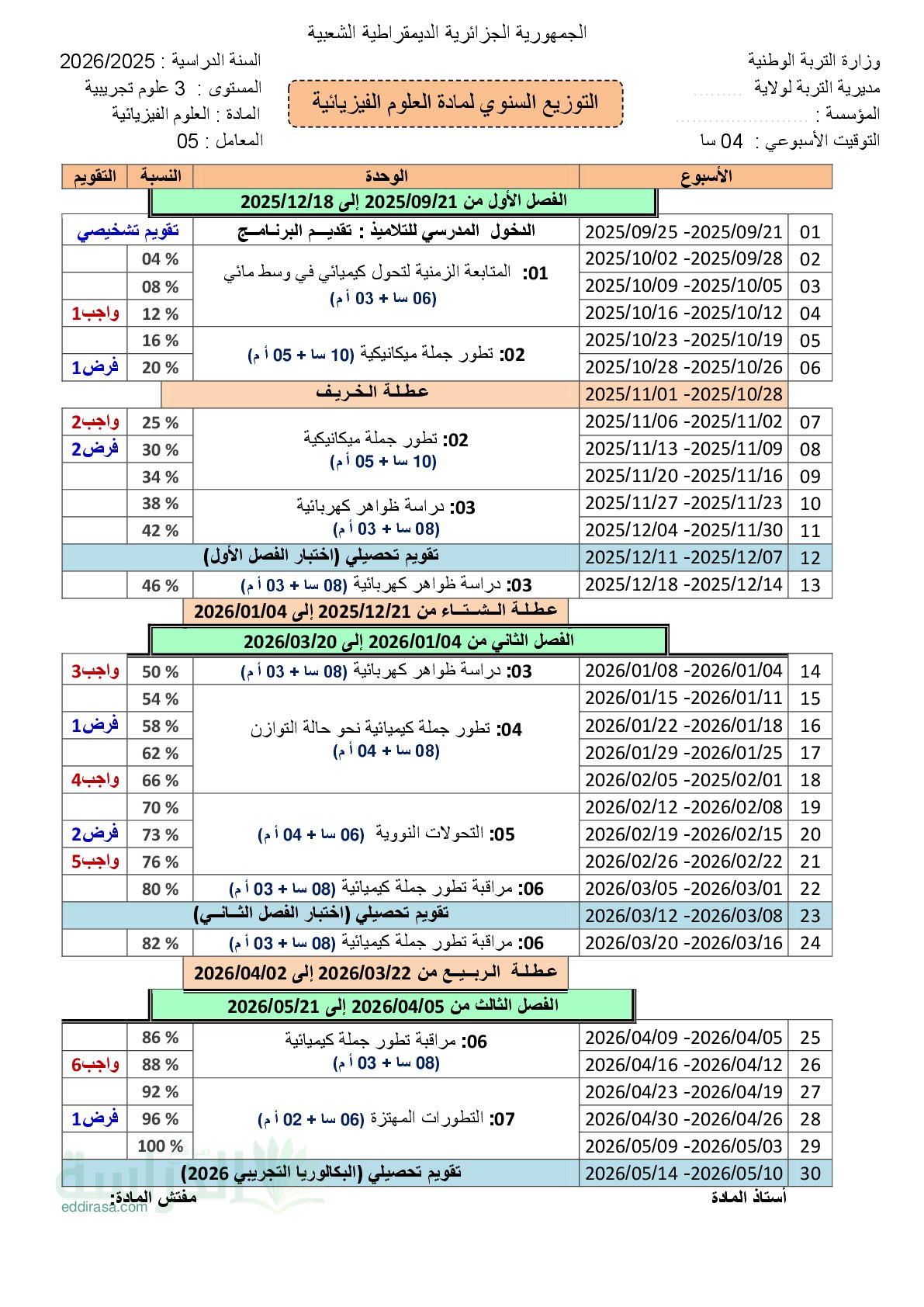 التوزيع السنوي لمادة العلوم الفيزيائية للسنة الأولى ثانوي 2025-2026