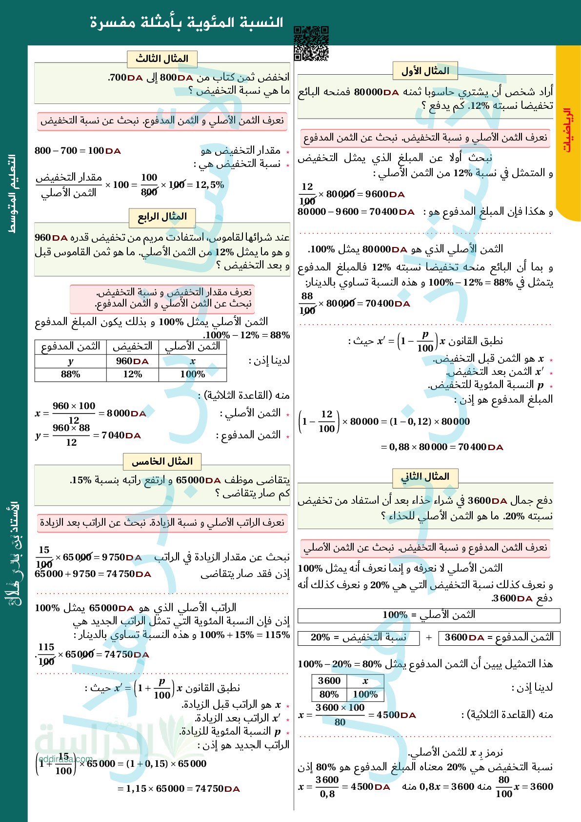 النسبة المئوية بأمثلة مفسرة - سنة 4 متوسط