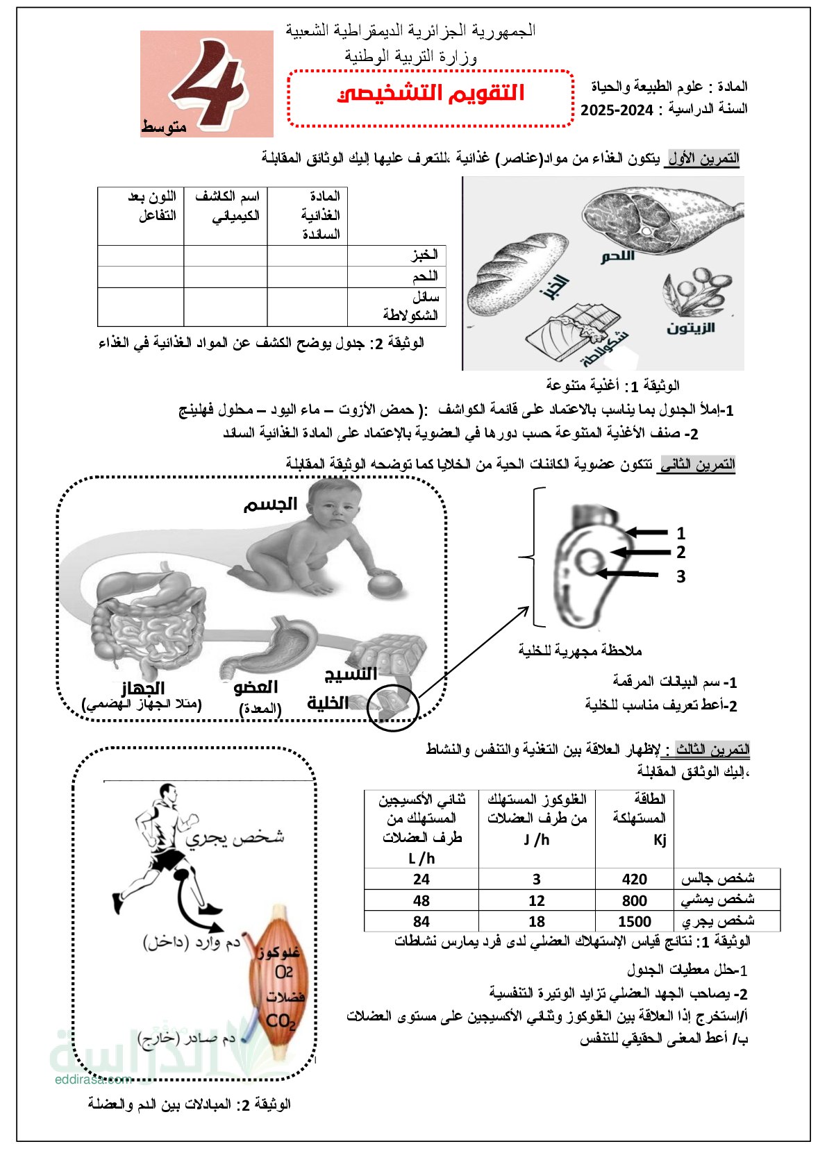 تقويم تشخيصي في العلوم الطبيعية السنة الرابعة متوسط رقم 14