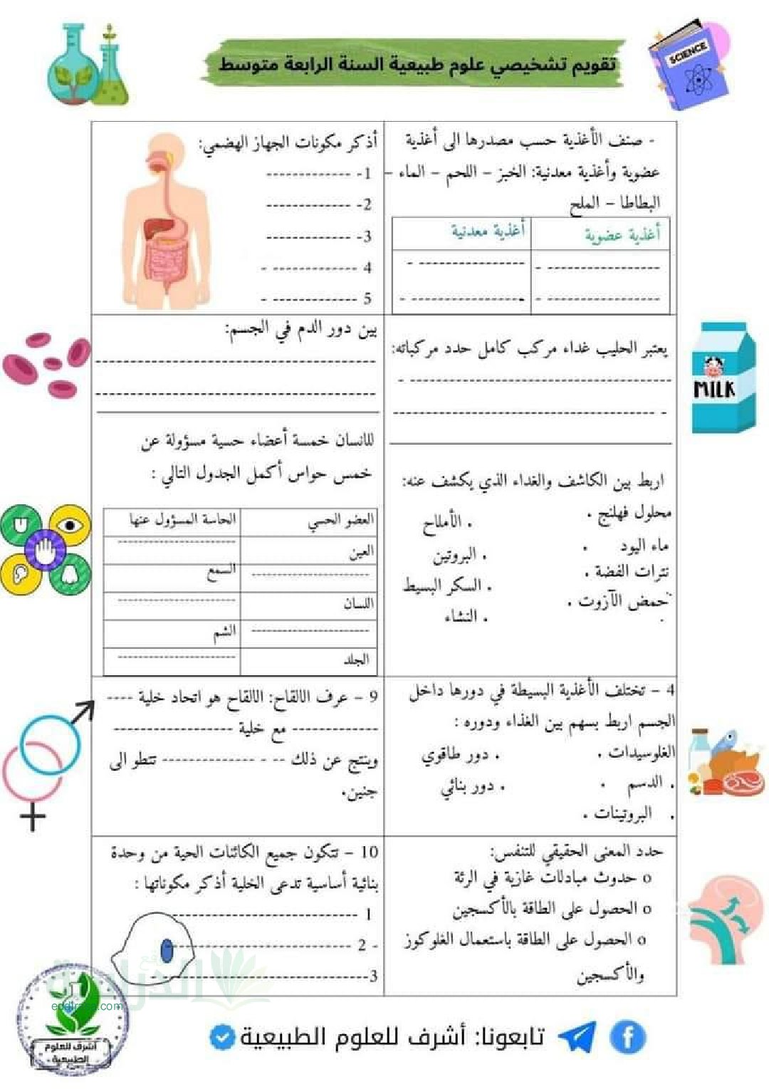 تقويم تشخيصي في العلوم الطبيعية السنة الرابعة متوسط رقم 15