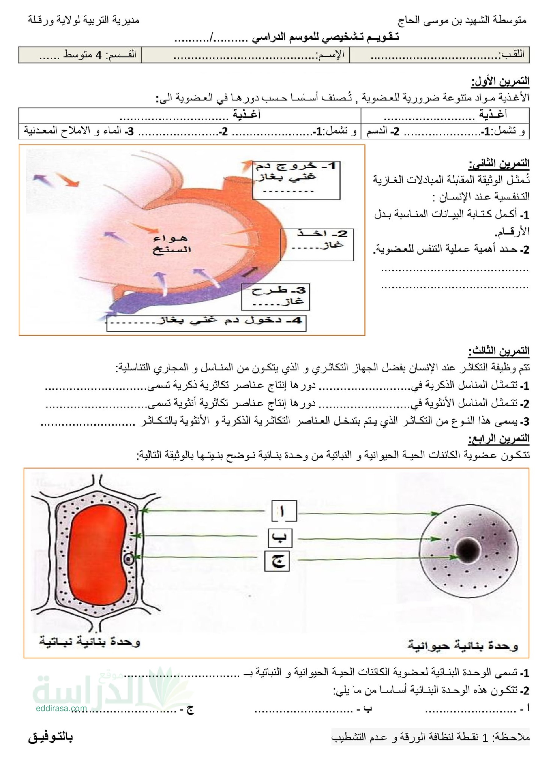 تقويم تشخيصي في العلوم الطبيعية السنة الرابعة متوسط رقم 3