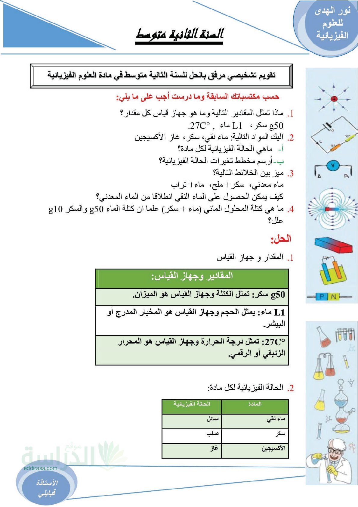 تقويم تشخيصي في العلوم الفيزيائية السنة الثانية متوسط رقم 10 مع التصحيح
