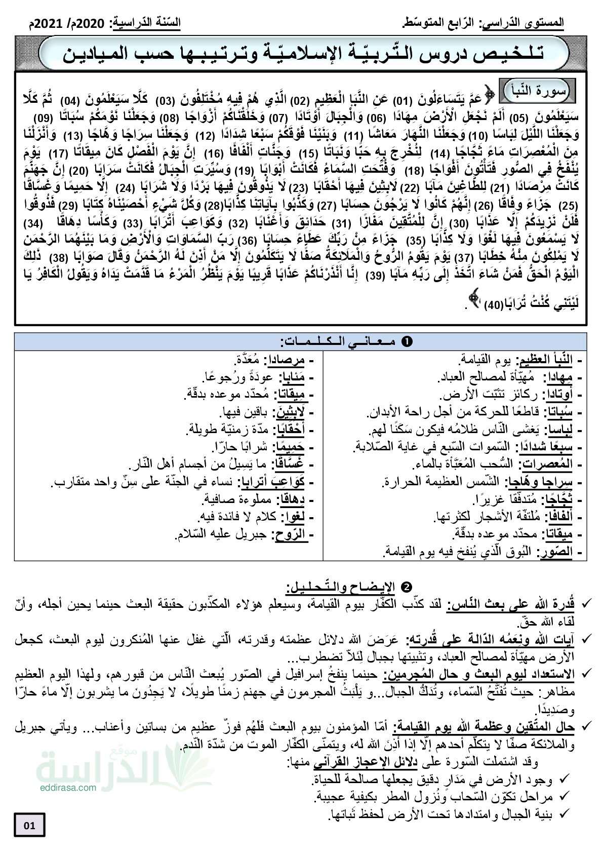 تلخيص جميع دروس مادة التربية الإسلامية وترتيبها حسب الميادين - سنة 4 متوسط