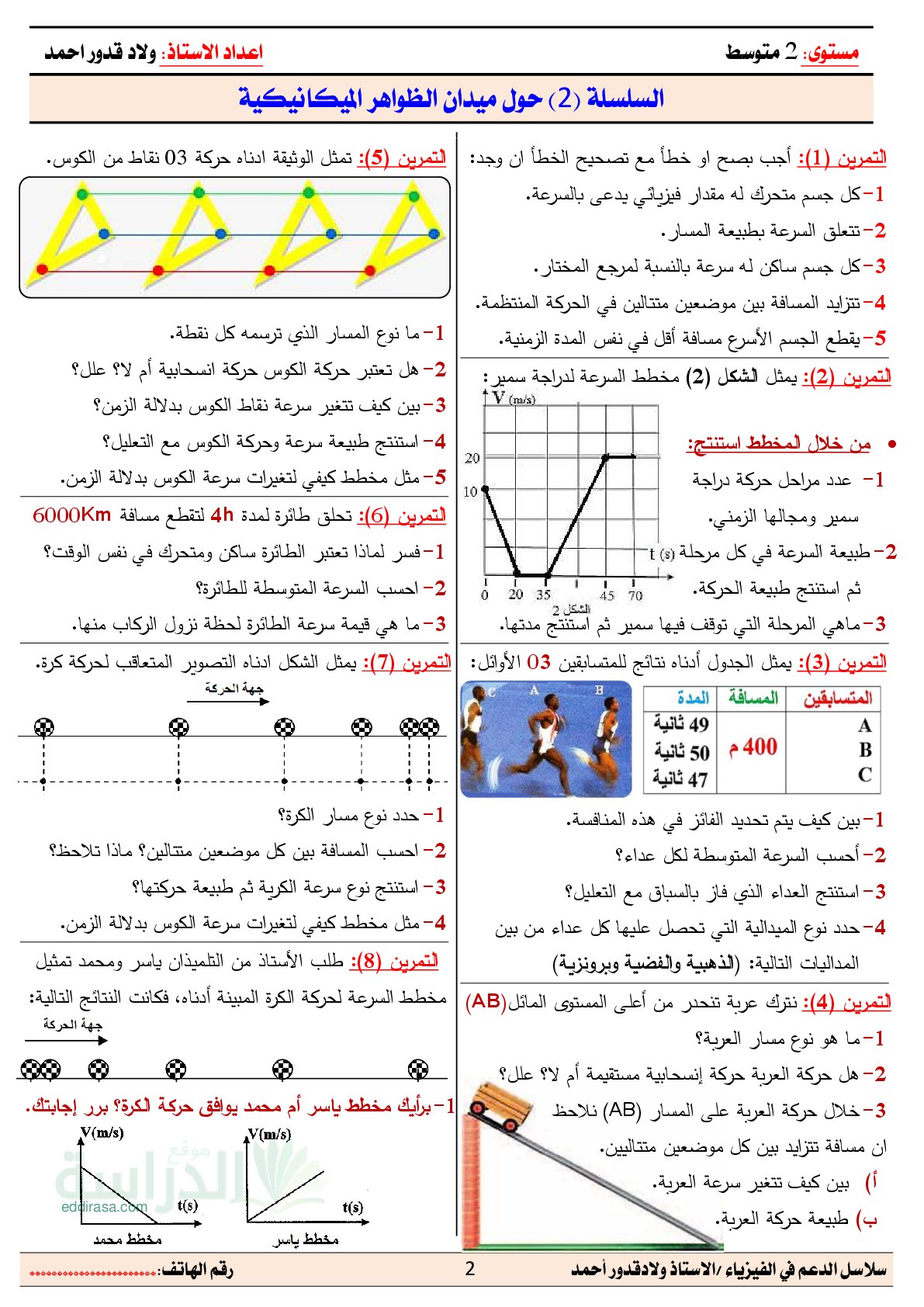 تمارين رقم 2 لميدان الظواهر الميكانيكية في مادة الفيزياء سنة 2 متوسط