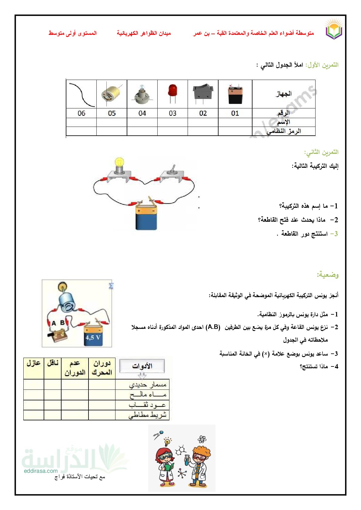 تمارين في مجال الظواهر الكهربائية سنة 1 متوسط