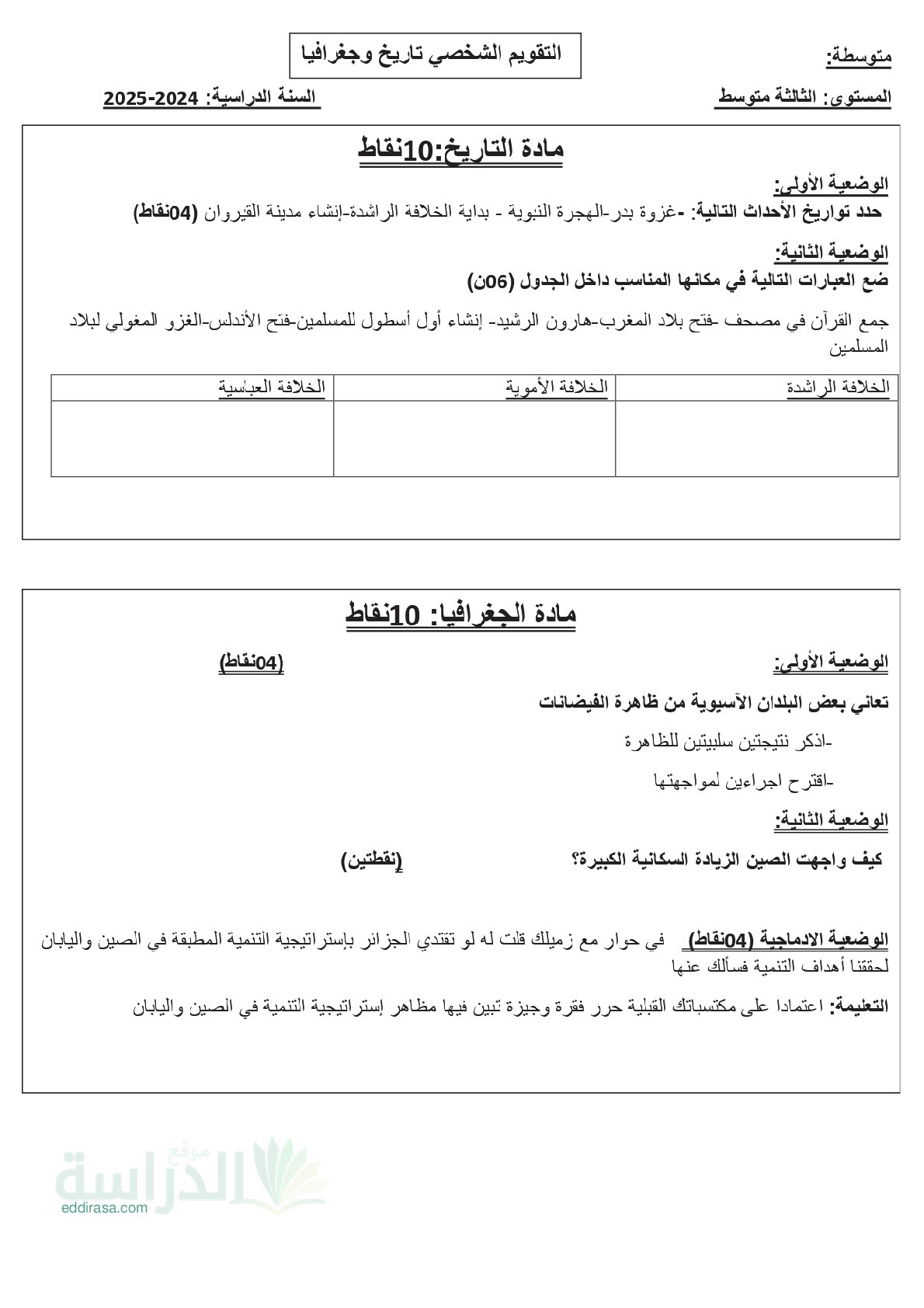 فرض في التاريخ والجغرافيا الفصل الأول السنة الثالثة متوسط رقم 32